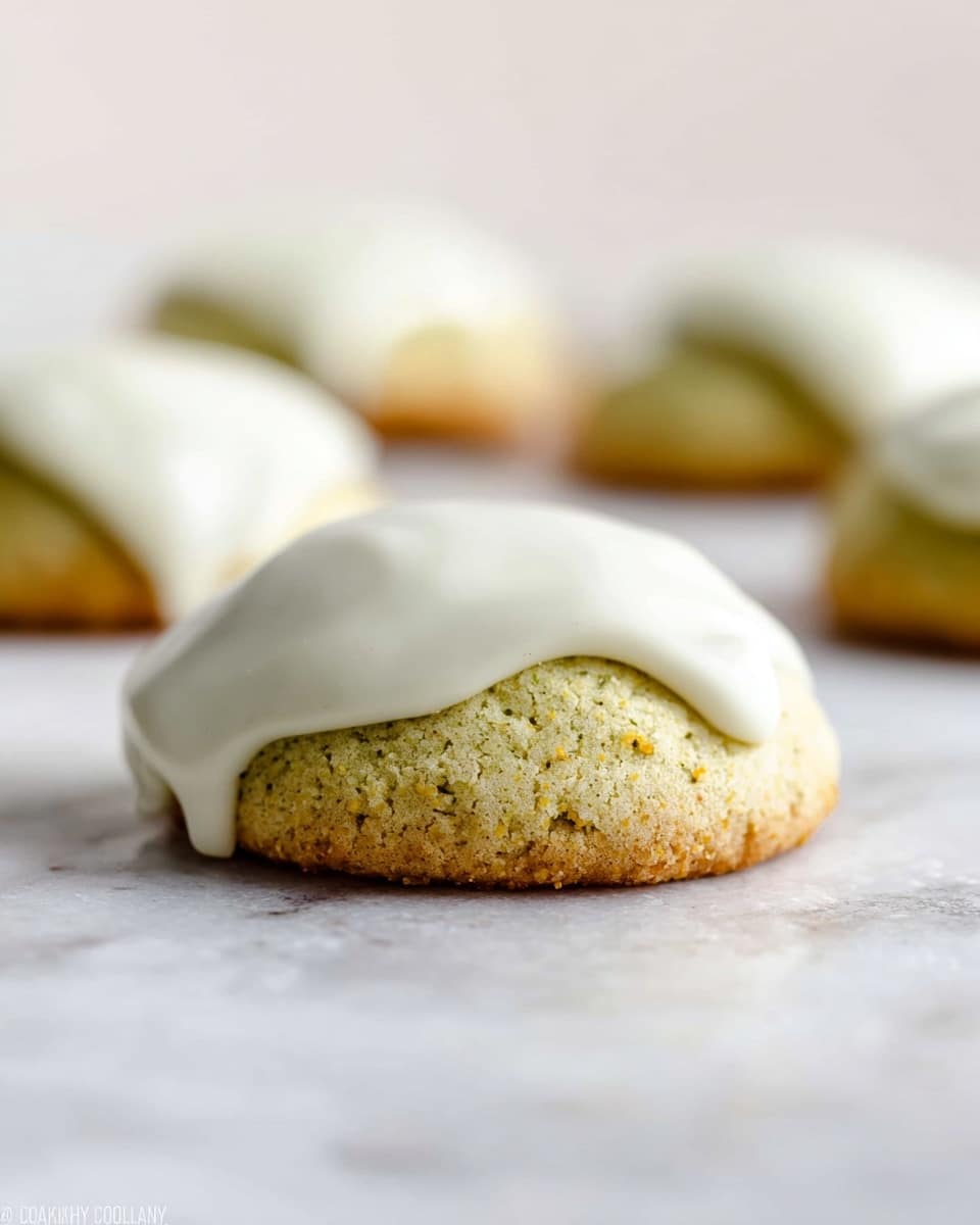 The image shows soft, round cookies with a light greenish-yellow base that looks slightly crumbly and textured, topped with a thick layer of smooth white icing that drapes over the edges in a natural, uneven way. In the background, there are more cookies, slightly out of focus, arranged on a white marbled surface, emphasizing the creamy icing and crumbly cookie layers. The lighting is soft, giving the cookies a fresh and delicate appearance. photo taken with an iphone --ar 4:5 --v 7