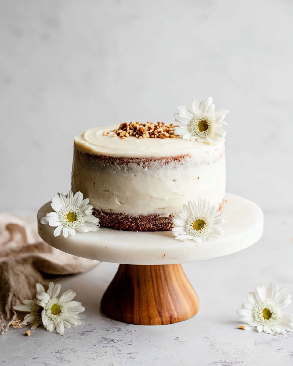 A slice of three-layer carrot cake sits on a white plate with a subtle floral pattern, showing moist brown cake layers speckled with orange carrot pieces and bits of nuts. Each layer is separated by thick white cream cheese frosting, which also covers the outside edges of the slice. The top edge of the cake is decorated with chopped pecans, adding a crunchy texture. A silver fork rests on the right side of the plate, and small pieces of nuts are scattered nearby. The background features a white marbled surface with parts of other similarly plated carrot cake slices and a small glass bowl filled with chopped nuts partially visible around it. Photo taken with an iphone --ar 4:5 --v 7
