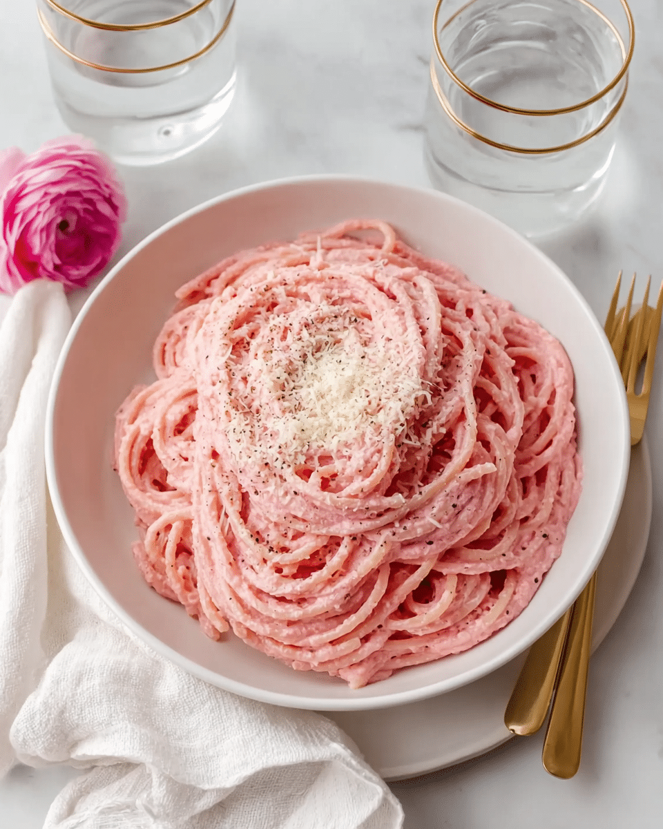 A white bowl filled with spaghetti coated in a pink creamy sauce, arranged in loose twirled layers around the center. On top of the pasta, there is a sprinkle of grated white cheese and a light dusting of black pepper, adding texture contrast. The bowl is placed on a white marbled surface with a white cloth partially visible underneath. Nearby, two clear glasses of water with gold-rimmed tops and a pink flower add soft decorative touches. photo taken with an iphone --ar 4:5 --v 7