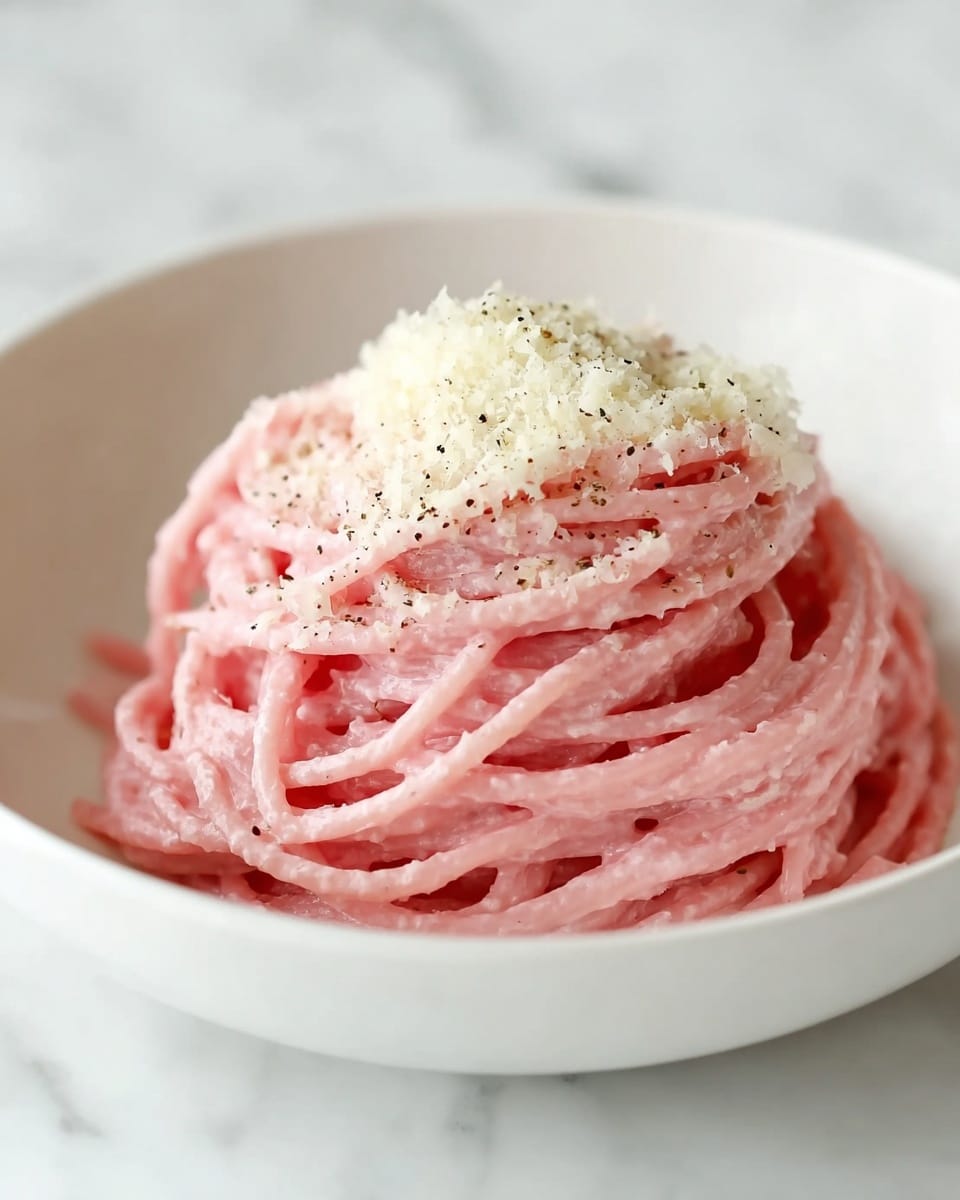 A white bowl holds a neat mound of pink spaghetti, each strand coated evenly in a creamy sauce that gives the pasta a smooth texture. On top of the pasta is a light layer of grated cheese, creamy white with a slightly grainy look, sprinkled with small specks of black pepper. The bowl sits on a white marbled surface, adding a subtle elegant background to the simple yet colorful dish. photo taken with an iphone --ar 4:5 --v 7