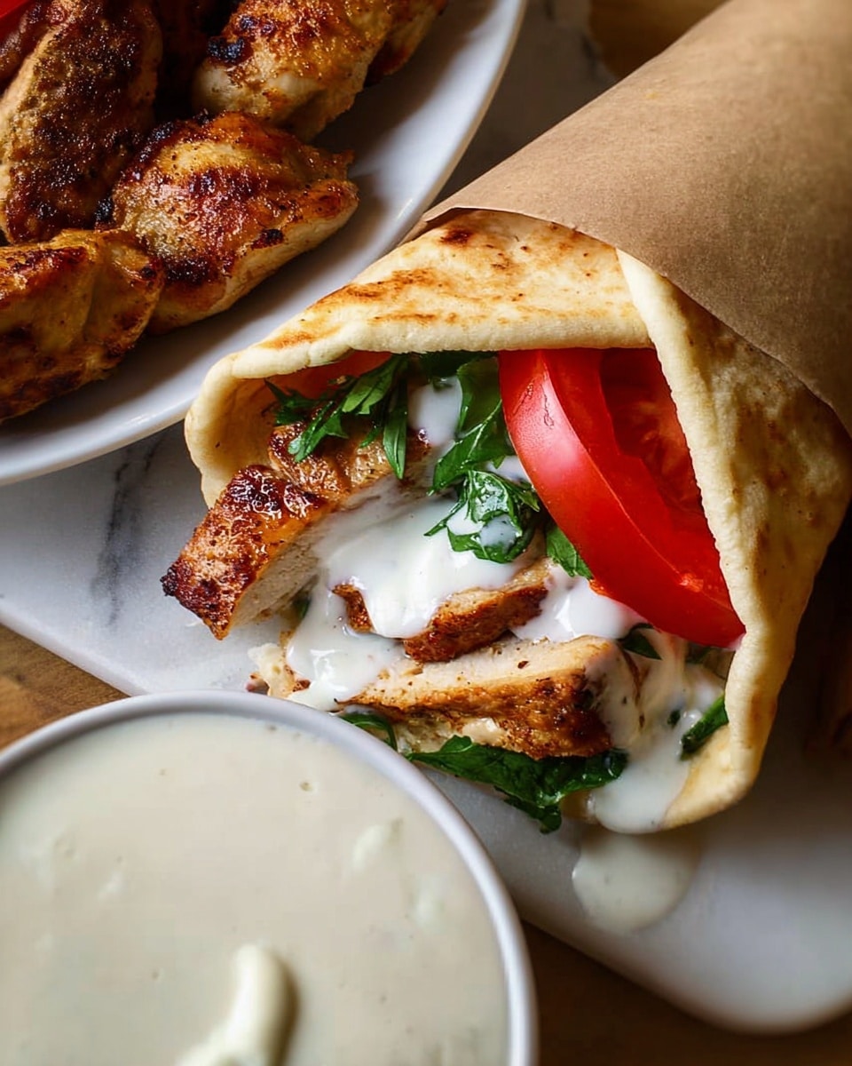 The image shows a wrap sandwich made with a soft warm pita bread folded around several layers: the first layer inside is a browned grilled chicken, followed by bright green parsley leaves, then thick slices of red tomato, and topped with creamy white sauce that spills out slightly onto the white marbled surface. Next to the wrap is a small white bowl filled with the same creamy white sauce, and in the upper part of the photo, there is a white plate holding more grilled chicken pieces with a browned crust. The photo is taken from above, capturing the textures of the soft pita, juicy tomato, fresh herbs, and smooth sauce. photo taken with an iphone --ar 4:5 --v 7