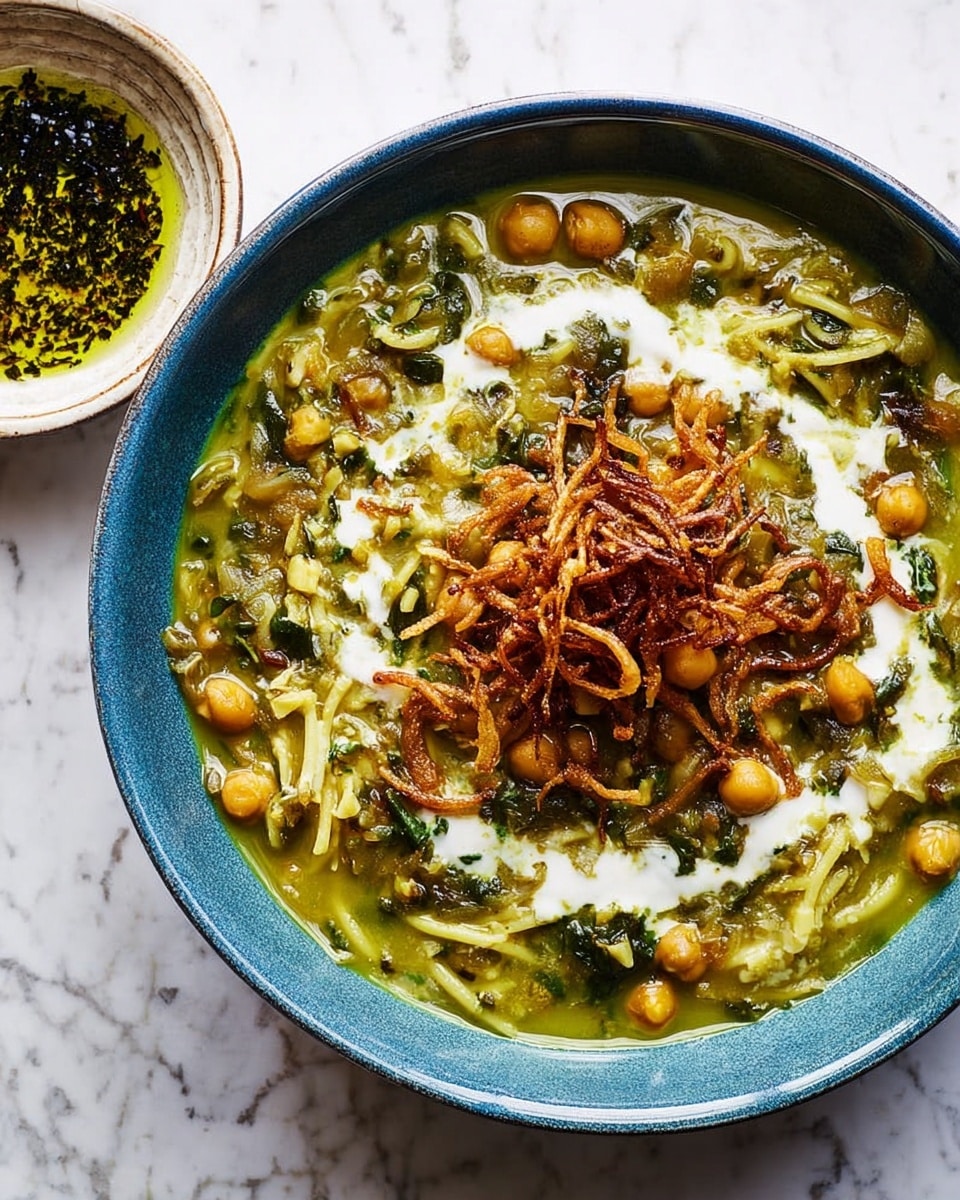 A blue bowl filled with a greenish soup that has a thick, chunky texture with visible bits of chickpeas and leafy greens. There are pale yellow noodles mixed throughout the soup. In the center, there is a layer of light cream or yogurt swirled on top, with a small pile of crispy, golden-brown fried onions placed in the middle. The bowl sits on a white marbled surface, and to the side, a small white bowl with dark green oil and herbs is partially visible. Photo taken with an iphone --ar 4:5 --v 7