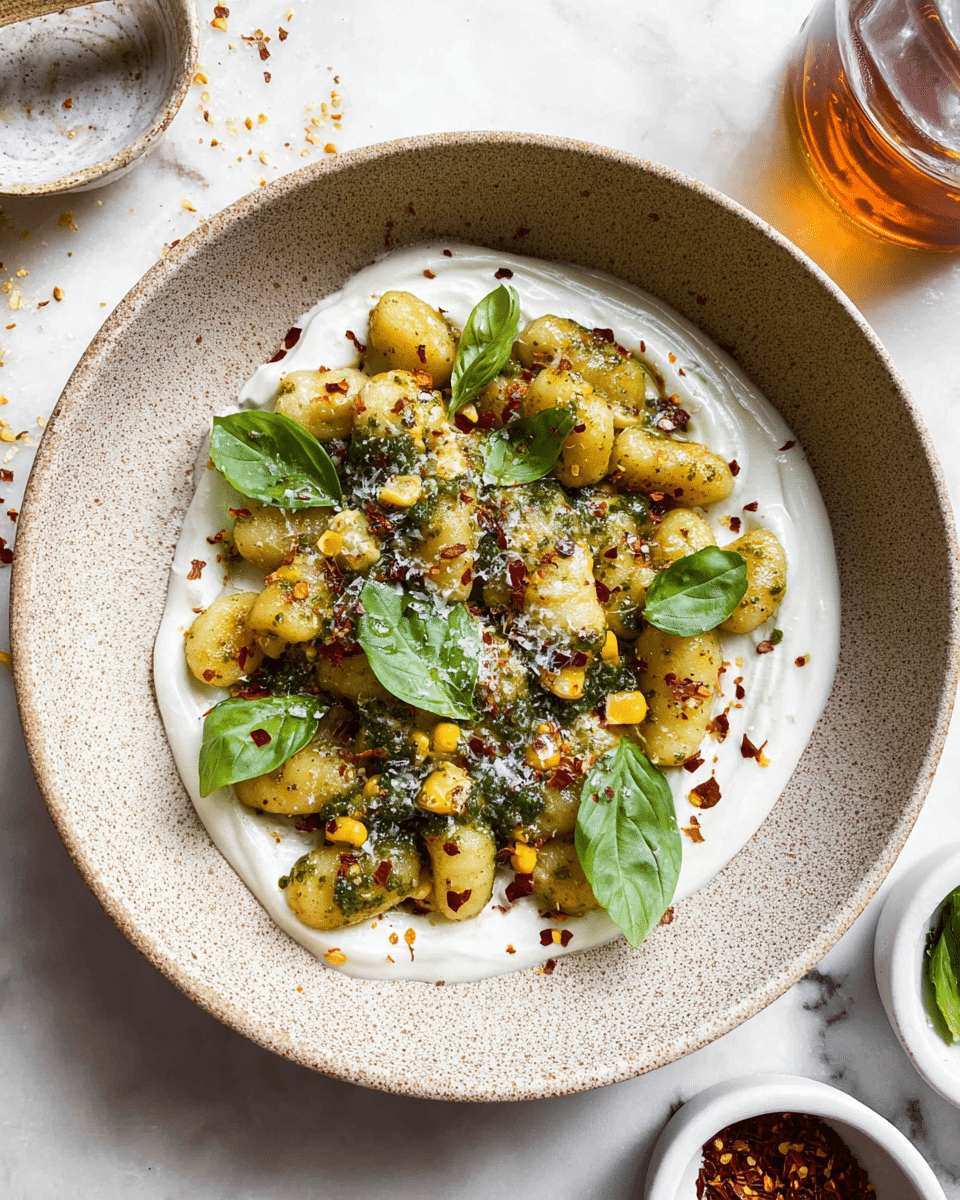 A white textured bowl holds a dish with three layers: the base layer is a smooth, thick white cream spread in a circular motion inside the bowl; the middle layer consists of small, golden-brown gnocchi mixed with yellow corn kernels and bits of light green pesto sauce with visible herb pieces, all scattered loosely over the cream; on top, fresh green basil leaves are placed across the gnocchi along with some finely grated white cheese and a light sprinkling of red chili flakes. The scene has a white marbled surface with small white bowls containing extra basil leaves and red chili flakes nearby, and a glass of amber-colored liquid to the side. photo taken with an iphone --ar 4:5 --v 7