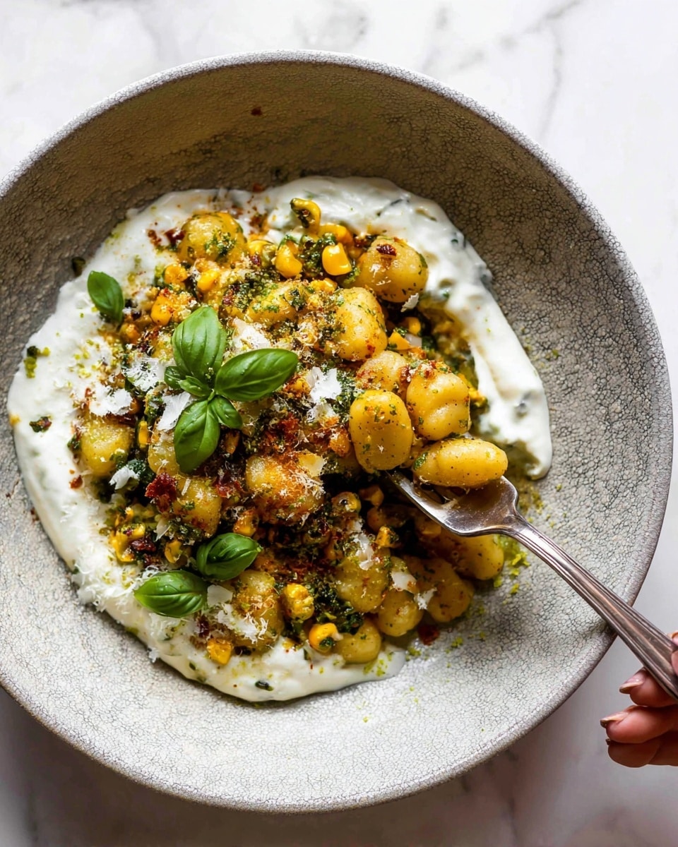 The dish is served in a white bowl with a textured grey inside edge, placed on a white marbled surface. At the bottom is a thick layer of creamy white sauce, spread in a circular shape around the bowl. On top of this sauce is a mixed layer of golden-brown gnocchi and bright yellow corn kernels, coated with green herbs and seasoning. Scattered over the top are a few green basil leaves and small pieces of grated white cheese. A silver fork is scooping some gnocchi with a bit of the white sauce along its tines, held by a woman's hand that is partially visible. The mixture looks warm and slightly oily, giving a fresh and inviting look. photo taken with an iphone --ar 4:5 --v 7
