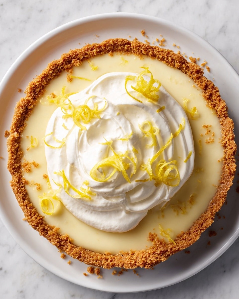 A creamy pale yellow lemon tart with a golden-brown crumb crust around the edge sits on a white plate. In the center, there is a soft, thick layer of white whipped cream shaped in gentle swirls. On top of the whipped cream and scattered around it are thin, bright yellow lemon peel curls. The whole tart is placed on a white marbled surface. photo taken with an iphone --ar 4:5 --v 7