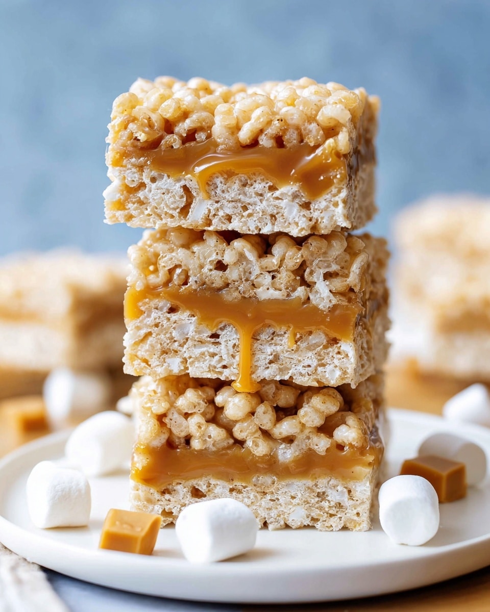 The image shows two square caramel rice krispies treats stacked on a white plate with a white marbled texture underneath. Each treat has three visible layers: a top and bottom layer of light beige crispy rice cereal mixed with a glossy, marshmallow-like binder, creating a textured surface; the middle layer is a smooth, rich caramel colored with a shiny, slightly gooey texture. The treats sit next to a few small caramel squares and a white marshmallow on the plate. Photo taken with an iphone --ar 4:5 --v 7
