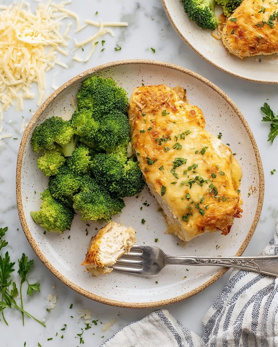 A white speckled plate shows a meal with two main parts: on the left, bright green broccoli florets with a fresh, firm texture; on the right, a golden-brown piece of cheesy baked chicken breast topped with melted cheese that has a slightly crisp surface, garnished with small green herb bits. In front of the chicken, a silver fork holds a small cut piece showing the white, moist interior of the chicken. The plate sits on a white marbled surface next to scattered cheese shreds, some green parsley sprigs, and part of a striped napkin. Another plate with the same dish is partly visible at the top right photo taken with an iphone --ar 4:5 --v 7