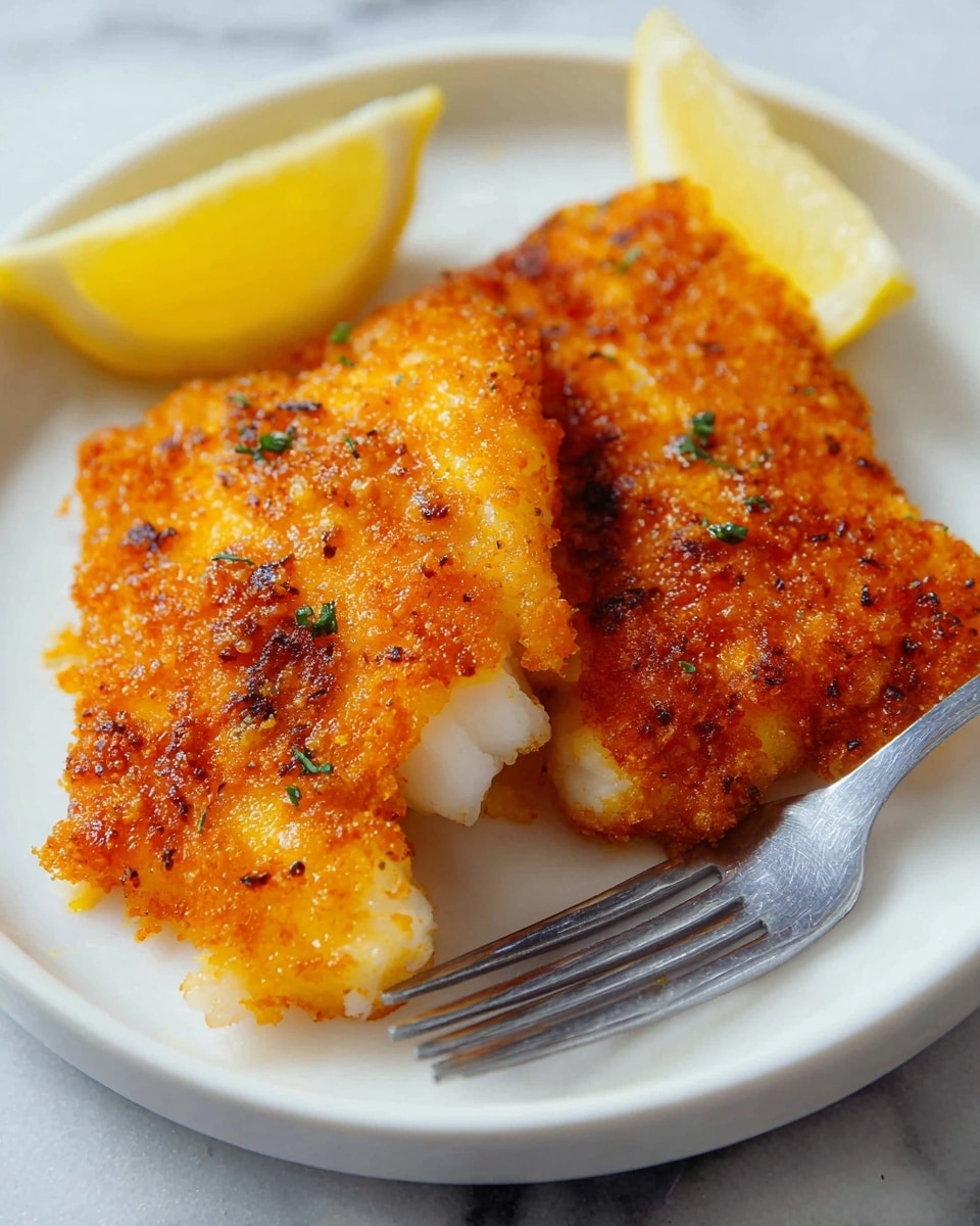 Two pieces of golden-brown fried fish are placed on a white plate with crispy, slightly rough textures and a sprinkle of green herbs on top. The fish has a vibrant orange crust with visible bits of seasoning and a flaky white inside peeking through small gaps. To the side, there are two wedges of bright yellow lemon with a fresh shine, adding contrast to the dish. A metallic fork is resting next to the bottom fish piece, all set on a white marbled surface. photo taken with an iphone --ar 4:5 --v 7