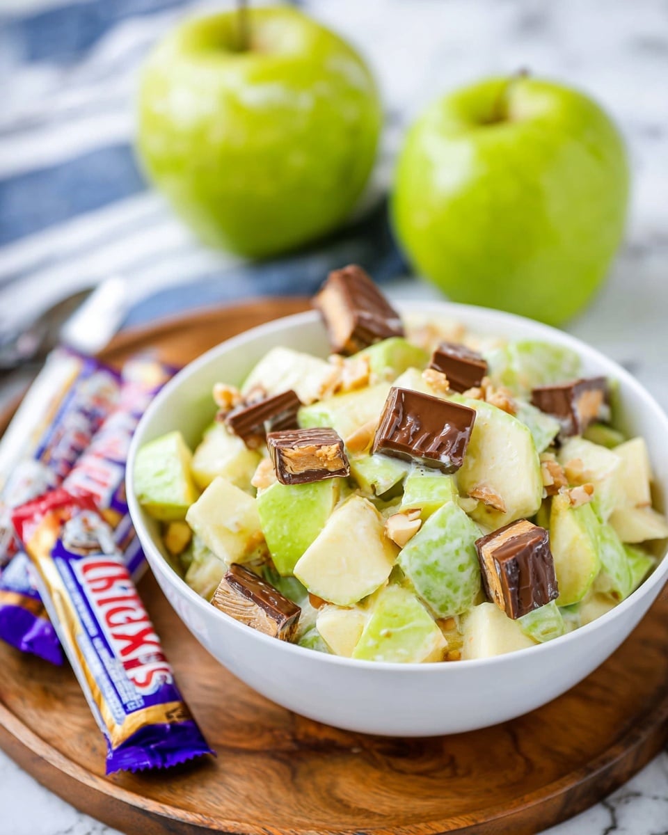 A white bowl filled with a mix of chopped bright green and pale yellow apple pieces with creamy dressing coating the apple chunks, topped with small pieces of chocolate-covered caramel and nuts from Snickers bars scattered on top. The bowl sits on a round wooden board, with two whole green apples behind it and two Snickers fun size chocolate bars leaning against the board on a blue and white striped cloth. The background is a white marbled texture. photo taken with an iphone --ar 4:5 --v 7