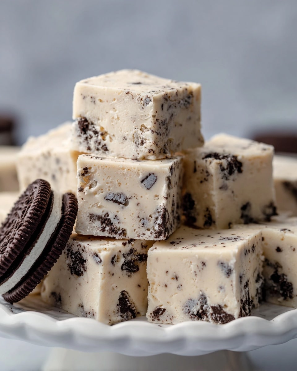The image shows a close-up stack of creamy white fudge pieces with visible small dark cookie crumbs and white chunks mixed inside each square. The fudge has a smooth, dense texture with the dark cookie bits spread evenly throughout. The pieces are cut into thick squares and stacked neatly on a white scalloped plate, placed on a white marbled surface. Half of a sandwich cookie with dark brown outer layers and white cream filling is placed next to the fudge stack. photo taken with an iphone --ar 4:5 --v 7
