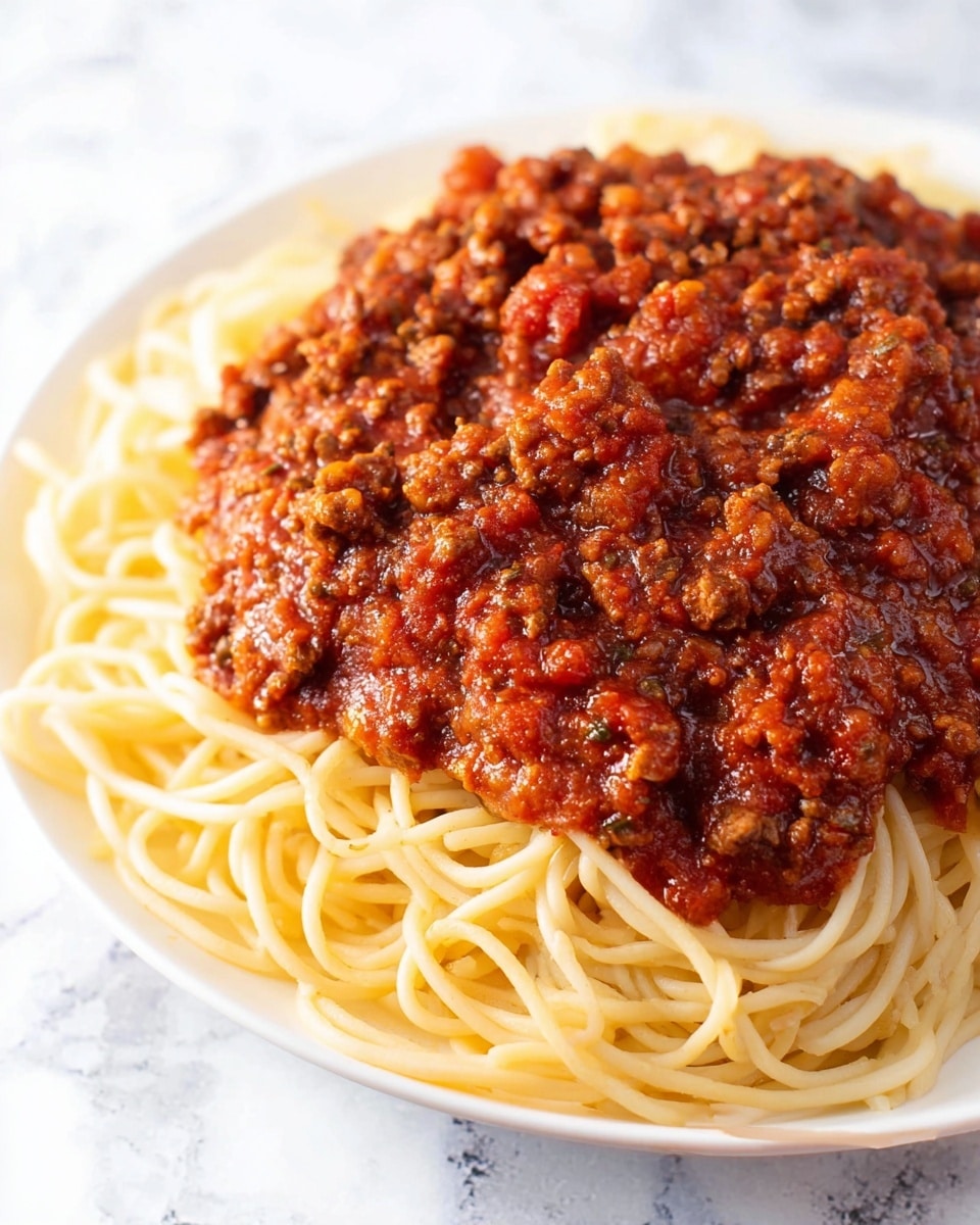 A white plate sits on a white marbled surface, filled with a single layer of long, light yellow spaghetti noodles that have a smooth texture and are slightly twisted around the edges. On top of the noodles, there is a thick, chunky layer of rich red meat sauce mixed with bits of browned ground meat and visible small pieces of tomato and herbs, giving it a textured and hearty look. The sauce covers most of the spaghetti but leaves some noodles showing around the edges. photo taken with an iphone --ar 4:5 --v 7