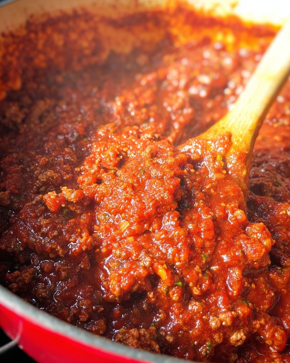A close-up image of thick, chunky red tomato sauce with visible pieces of ground meat and herbs, being stirred with a wooden spoon inside a red pot, the sauce showing a rich, textured surface with shiny droplets of oil and bits of onion mixed in. The background is softly blurred, highlighting the steaming hot sauce. photo taken with an iphone --ar 4:5 --v 7