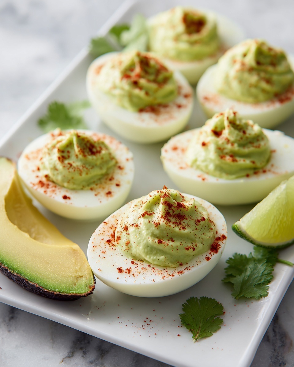 This image shows a white square plate with five halved boiled eggs arranged with their flat sides down. Each egg white layer is shiny and smooth, topped with a piped light green avocado cream filling that has a soft, whipped texture and is sprinkled with reddish paprika powder. One egg half is centered in the front while the others are positioned toward the back of the plate. In the lower left corner, there is a thick, pale green slice of avocado with its darker green skin still on the edge, and at the top right side of the plate, there is a bright green lime wedge. A few small cilantro leaves with thin green stems lay scattered for garnish. The plate is placed on a white marbled surface, giving a clean and fresh look. photo taken with an iphone --ar 4:5 --v 7