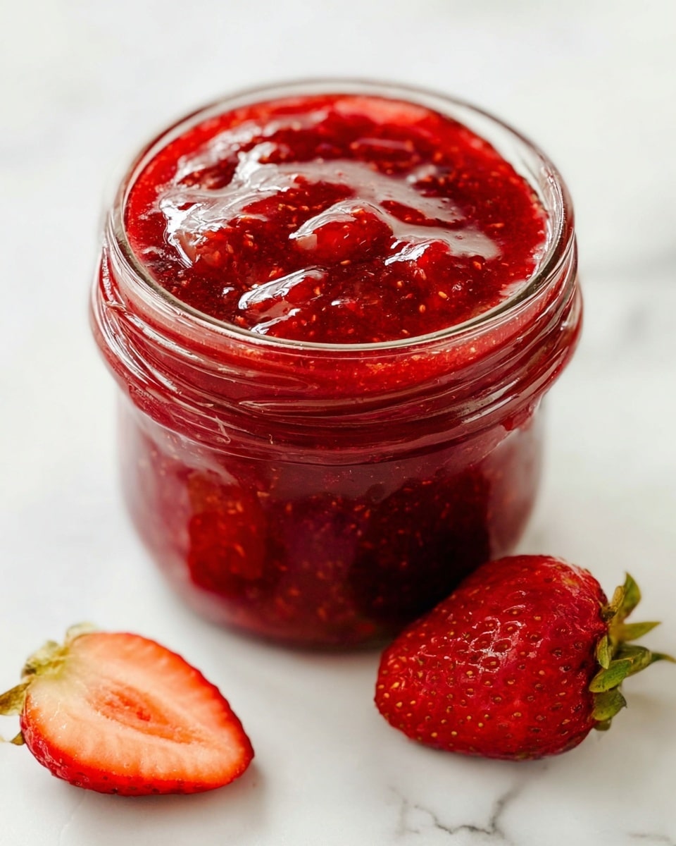 A glass jar filled with thick, glossy red strawberry jam with visible small chunks of fruit creating a textured surface. The jar is open, showing the jam nearly filling it to the brim. Next to the jar are two fresh strawberries, one whole and one sliced in half, placed on a white marbled surface. The overall colors are rich red and bright tones contrasting with the clean, white background. photo taken with an iphone --ar 4:5 --v 7
