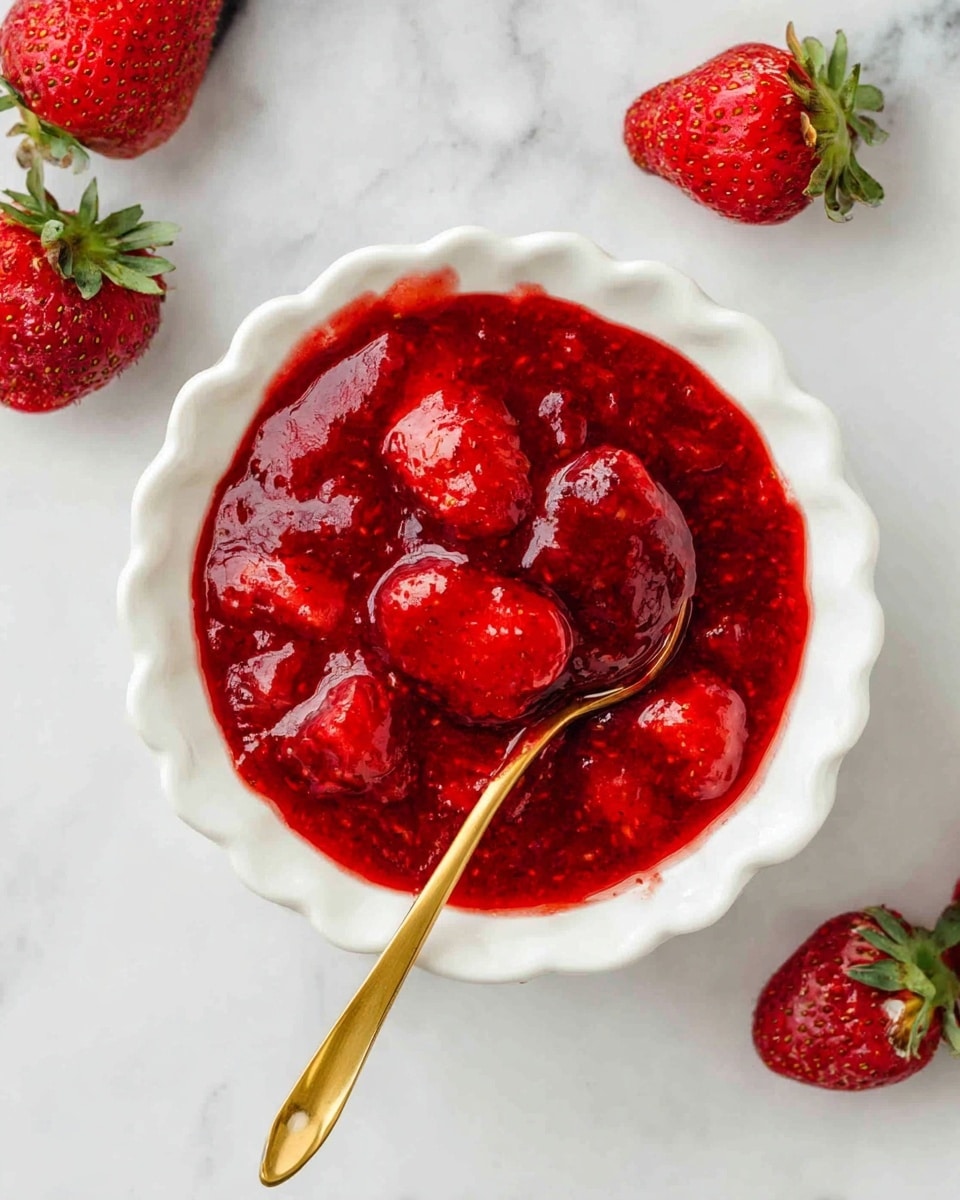 A round white bowl with a scalloped edge holds a thick, bright red strawberry sauce with visible whole and large pieces of strawberries inside. A golden spoon sits in the bowl, partially covered by the sauce with its handle resting out of the bowl. The bowl is placed on a white marbled surface, and fresh whole strawberries with green leaves are scattered nearby around the bowl. Photo taken with an iphone --ar 4:5 --v 7