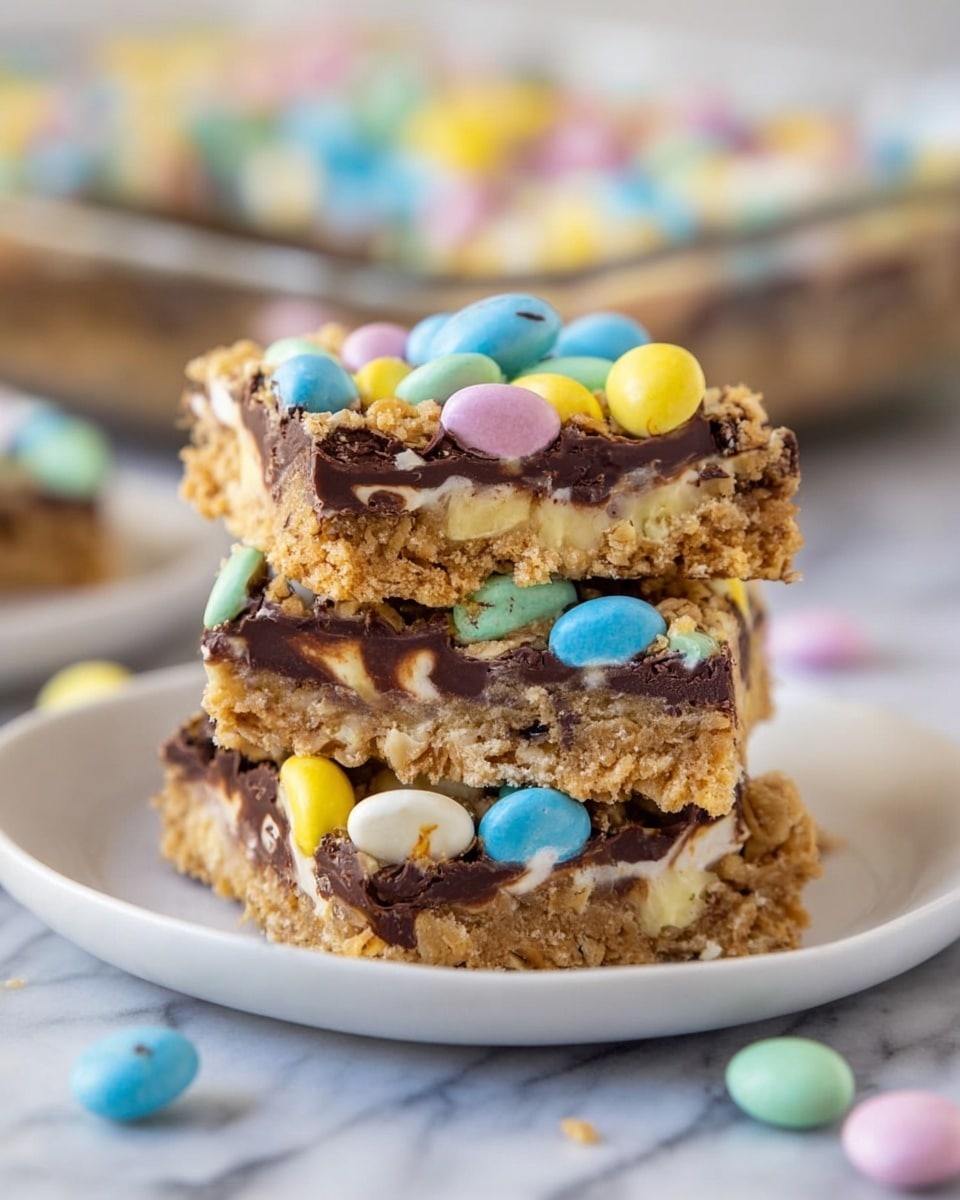 The image shows a stack of three dessert bars on a white plate set on a white marbled surface. Each bar has a golden, crumbly base layer with visible oats, topped with a thick, dark chocolate layer interspersed with a creamy, slightly melted white layer. The topmost layer is colorful, scattered with pastel blue, yellow, green, and pink candy-coated chocolates, some with thin dark lines. The texture looks crunchy and gooey, with the bars slightly sticky and thick. Additional candy pieces are scattered around the plate. In the blurred background, a glass dish with a similar dessert is visible. photo taken with an iphone --ar 4:5 --v 7