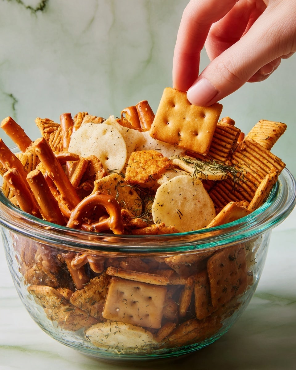 A clear glass bowl filled with a mix of different snack pieces is shown on a white marbled texture background. Inside the bowl, there are several layers of snacks: golden brown pretzel sticks, light yellow potato chips with visible small green herb flakes, square orange crackers with perforated edges, and ridged brownish crackers all mixed together. A woman's hand is reaching from the right side of the image, pinching two snack pieces between the fingers above the bowl. The textures range from smooth and crisp to ridged and crunchy, all closely packed inside the bowl. Photo taken with an iphone --ar 4:5 --v 7