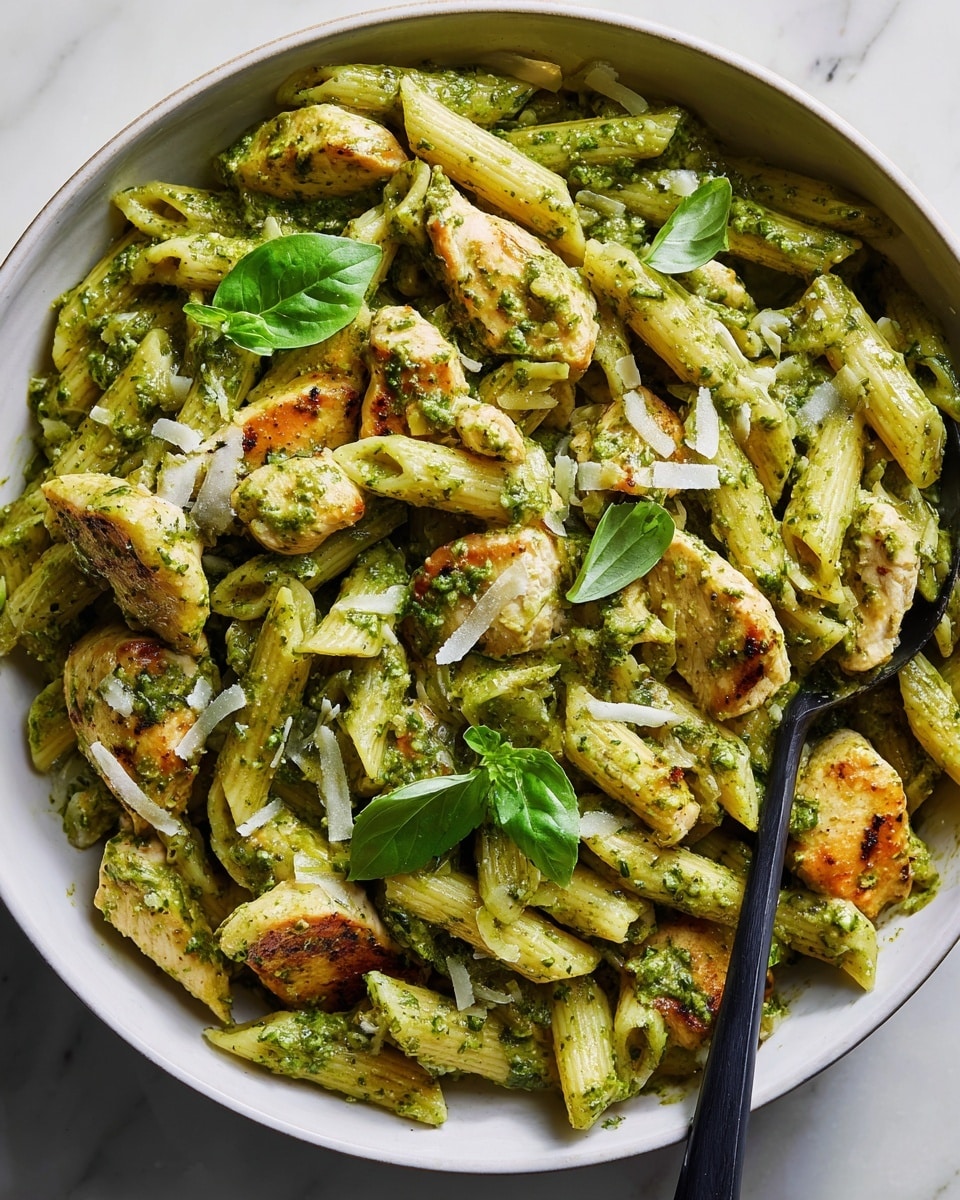 The image shows a close-up of a white bowl filled with penne pasta coated in a smooth, green pesto sauce. Mixed throughout are tender, golden-brown chicken pieces that have a slightly crispy texture. Fresh green basil leaves are scattered on top, adding a touch of brightness. Small shreds of white cheese are sprinkled over the pasta and chicken, giving a light texture contrast. A black spoon rests inside the bowl on the right side, partially covered by the pesto-coated pasta and chicken. The bowl sits on a white marbled surface. photo taken with an iphone --ar 4:5 --v 7