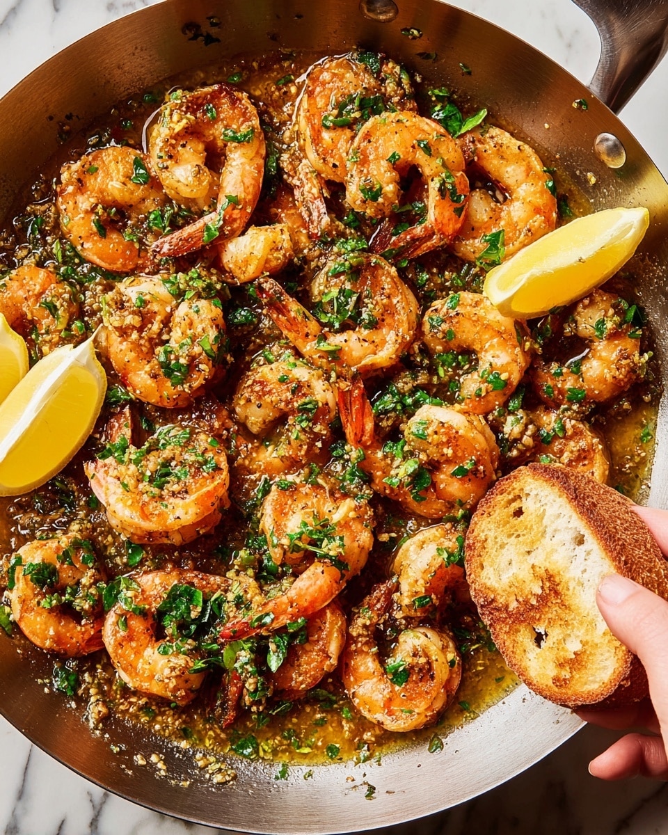A large silver pan filled with cooked shrimp, each shrimp orange-pink with a slightly crispy texture, coated in a shiny, golden-brown garlic and herb sauce. On top of the shrimp scattered fresh green chopped herbs. Two yellow lemon wedges sit in the pan, one near the top right and the other at the bottom left. A woman's hand is holding a piece of toasted brown bread dipped in the sauce near the right side of the pan. The pan is placed on a surface with a white marbled texture. Photo taken with an iphone --ar 4:5 --v 7