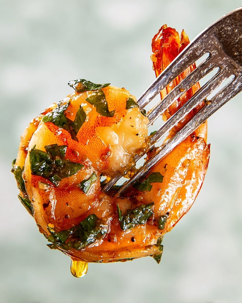 A close-up image of a single cooked shrimp, pierced by a silver fork on the left side, showing a shiny orange-pink shell with a slightly translucent texture. The shrimp is covered with dark green chopped herbs spread across its curved body. Small drops of oil or sauce are dripping from the bottom right of the shrimp, giving a glossy and fresh look. The background is a soft white marbled texture, keeping the focus on the shrimp. photo taken with an iphone --ar 4:5 --v 7