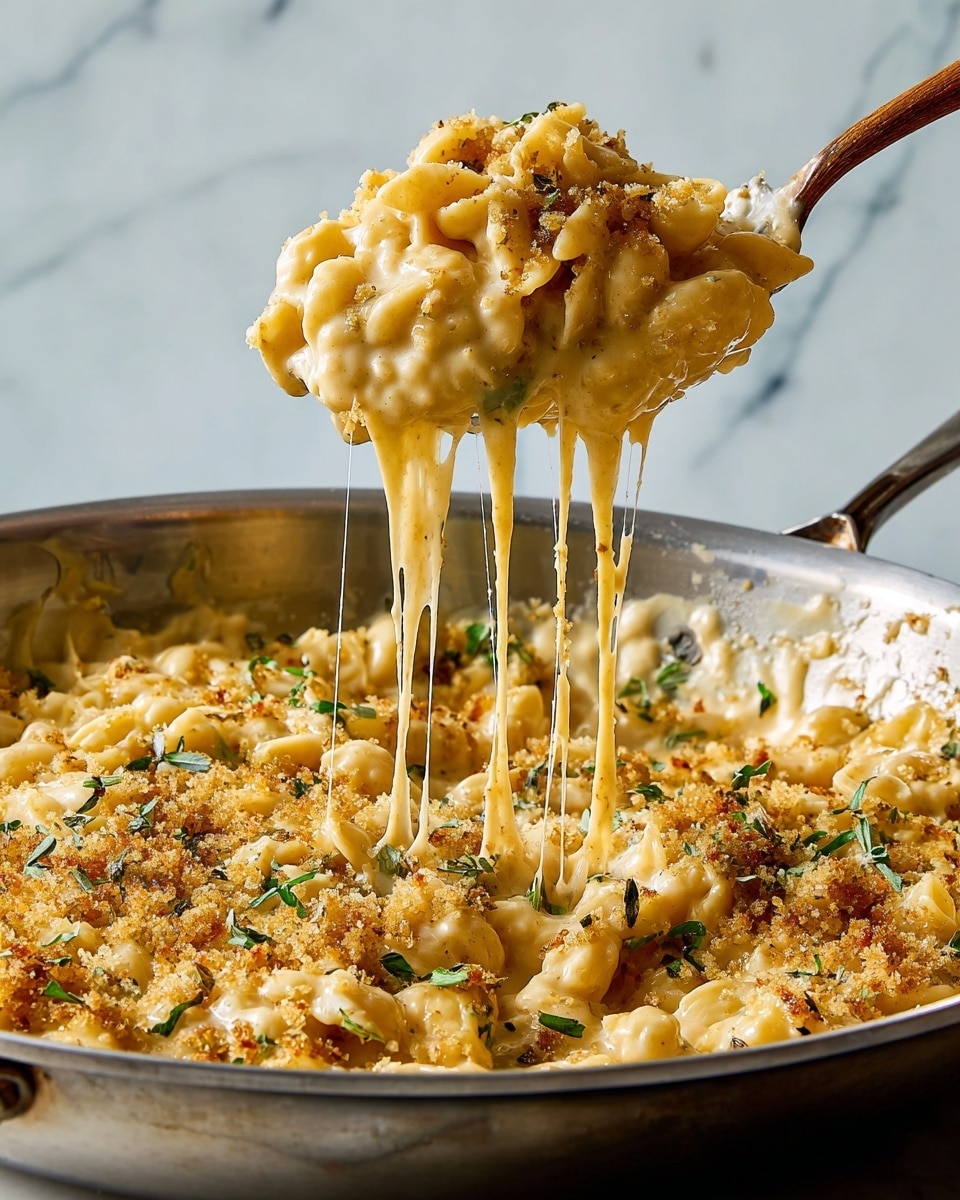 A close-up of a creamy pasta dish in a metal pan with a spoon lifting a portion above the pan, showing melted cheese stretching down. The dish has one main layer made of small pasta coated in smooth, golden cheese sauce with crumbly toasted breadcrumb bits and small green herb leaves scattered on top. The background shows a clean, white marbled texture surface. photo taken with an iphone --ar 4:5 --v 7
