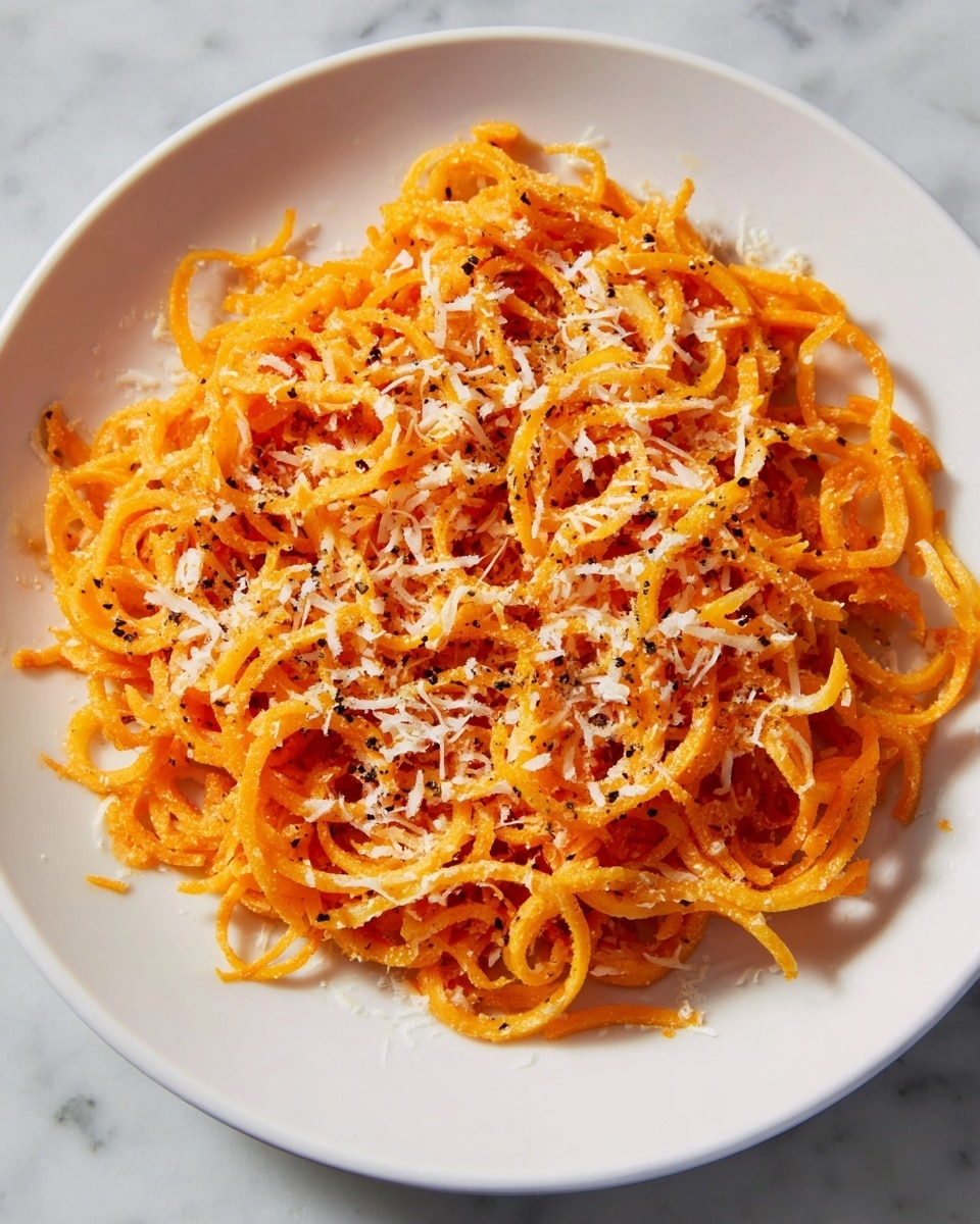 A white plate filled with one layer of bright orange spiralized noodles spread evenly, topped with a light sprinkling of finely grated pale yellow cheese scattered across the noodles, and small specks of black pepper sprinkled throughout. The noodles have a slightly glossy texture, and the cheese adds a soft, flaky look. The plate sits on a white marbled surface. photo taken with an iphone --ar 4:5 --v 7