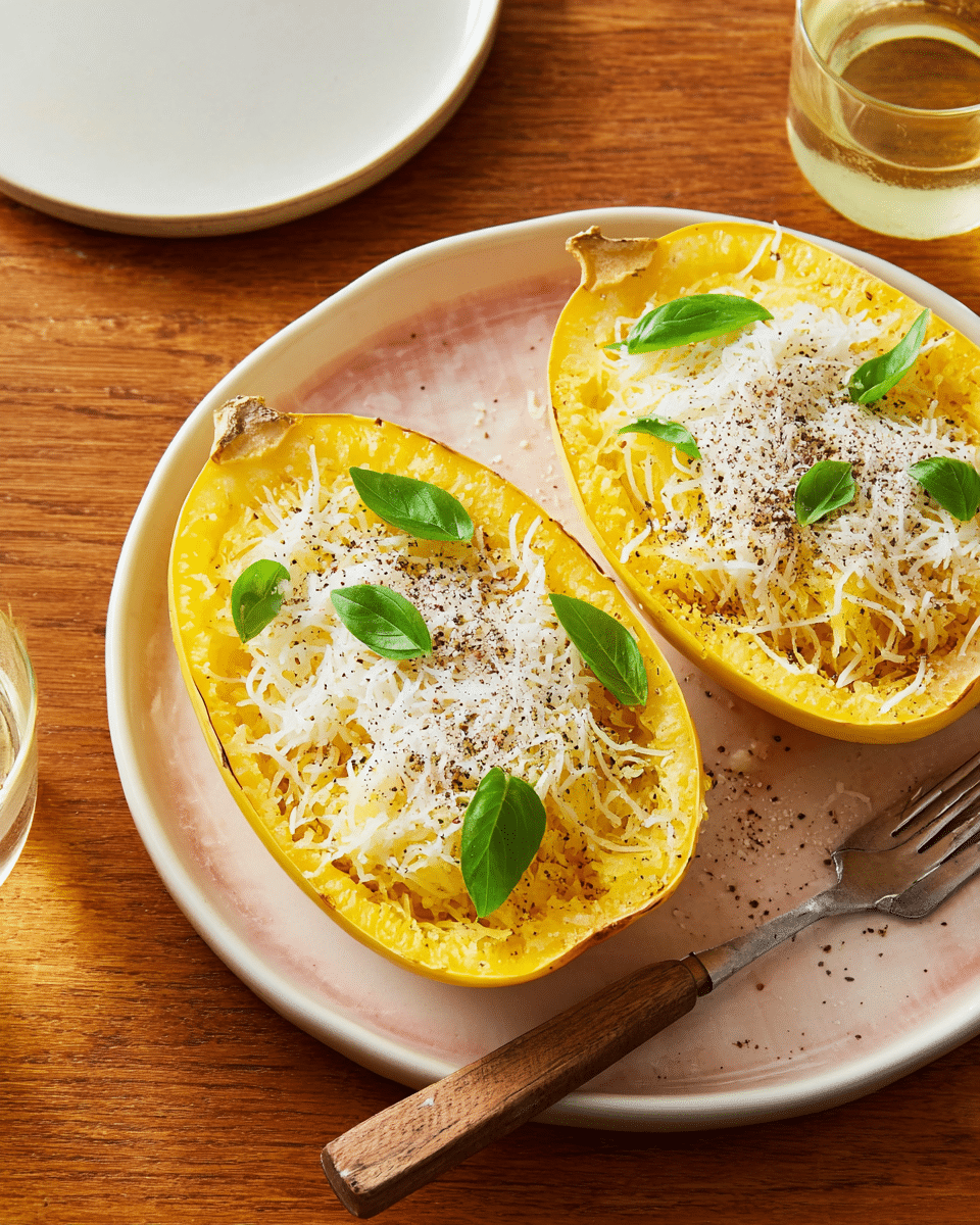 Two halves of yellow spaghetti squash sit on a large white plate with light pinkish veining, each filled with shredded squash strands forming the bottom layer which is bright yellow and slightly wet. On top of the strands is a layer of grated white cheese, sprinkled with ground black pepper, giving a speckled black-and-white look. Small green basil leaves are scattered over the cheese layer and the squash edges. A silver fork with a wooden handle lies to the right side of the plate. The plate rests on a wooden table with an empty white plate and a glass of light yellow liquid nearby. The photo taken with an iphone --ar 4:5 --v 7