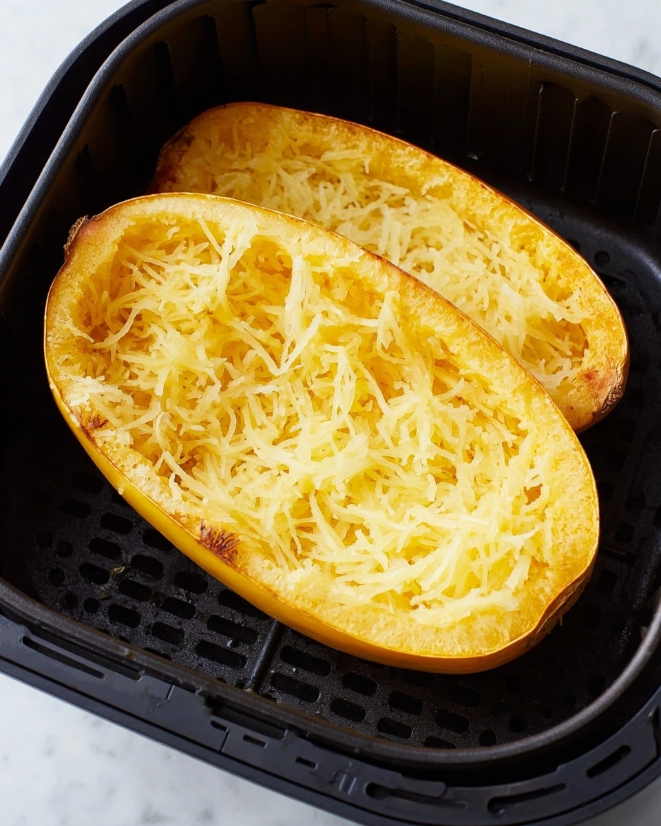 A cooked spaghetti squash half filled with shredded squash strands that look pale yellow to light orange. The squash shell is a smooth, medium yellow-orange, slightly browned around edges, and forms the base layer. The top layer is the soft, stringy inside of the squash spread across the cut surface, showing a mix of yellow and white shredded strands with a moist texture. It sits inside a black air fryer basket, which has a grid pattern and slightly rounded edges, all set on a white marbled surface. photo taken with an iphone --ar 4:5 --v 7