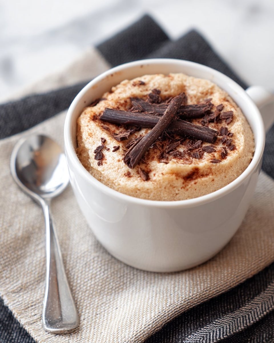 A white cup filled with a soft, crumbly baked dessert with light golden-brown texture, showing melted dark chocolate chunks inside and on top. A silver spoon held by a woman's hand lifts a portion of the dessert, revealing moist, gooey chocolate pieces mixed with the crumbled light brown texture. The cup sits on a white marbled surface with a striped cloth partly visible underneath. photo taken with an iphone --ar 4:5 --v 7