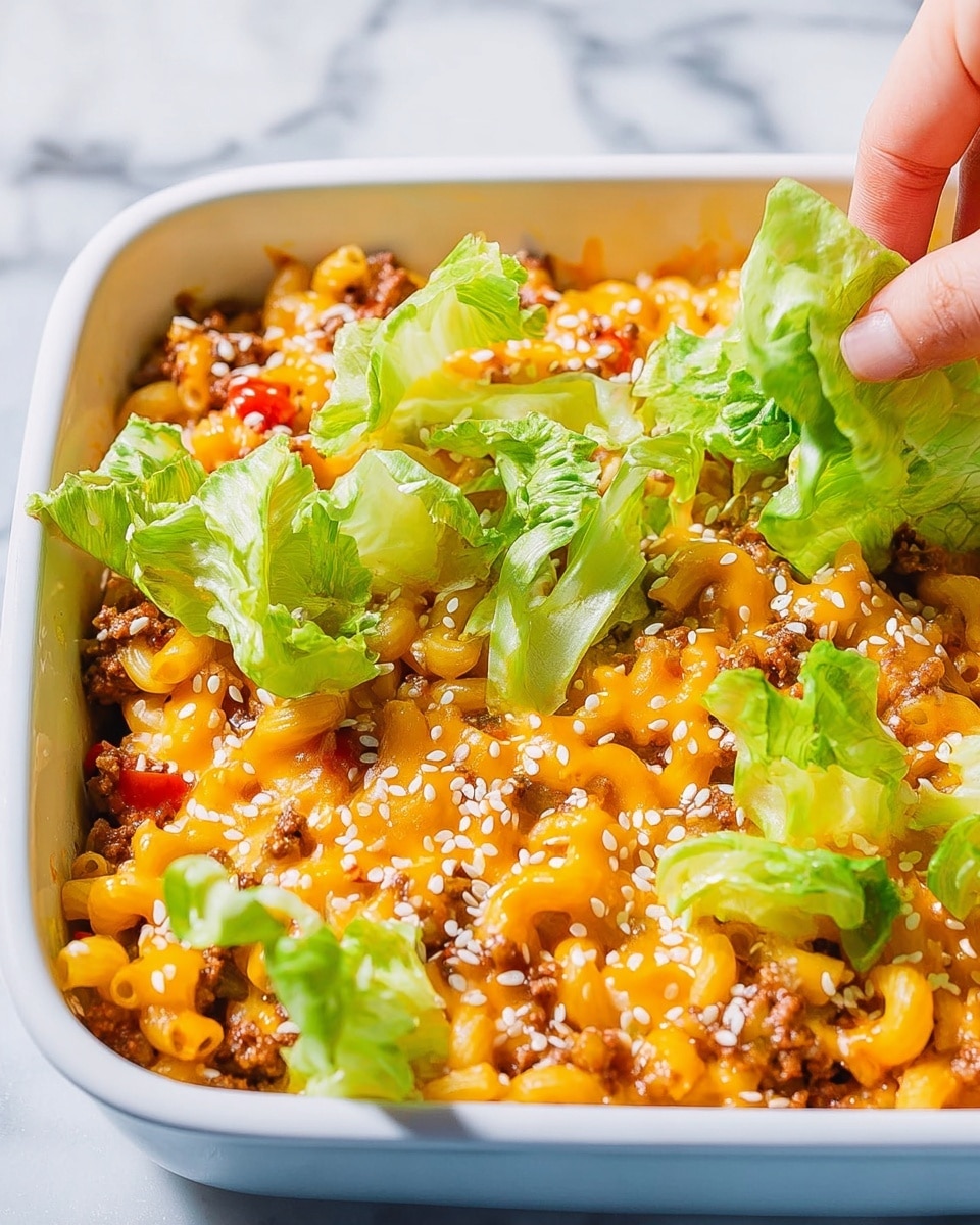 A close-up of a baked pasta dish in a white square casserole dish filled with three visible layers: a base layer of curly pasta mixed with cooked ground meat colored light brown, a middle layer of melted orange cheddar cheese spread evenly, and a top layer sprinkled with chopped green lettuce pieces and white sesame seeds. The pasta has a slightly glossy, saucy look with bits of red tomato scattered around. A silver spoon scoops some pasta from the middle, showing the mixed layers and textures. The background features a white marbled surface. Photo taken with an iphone --ar 4:5 --v 7