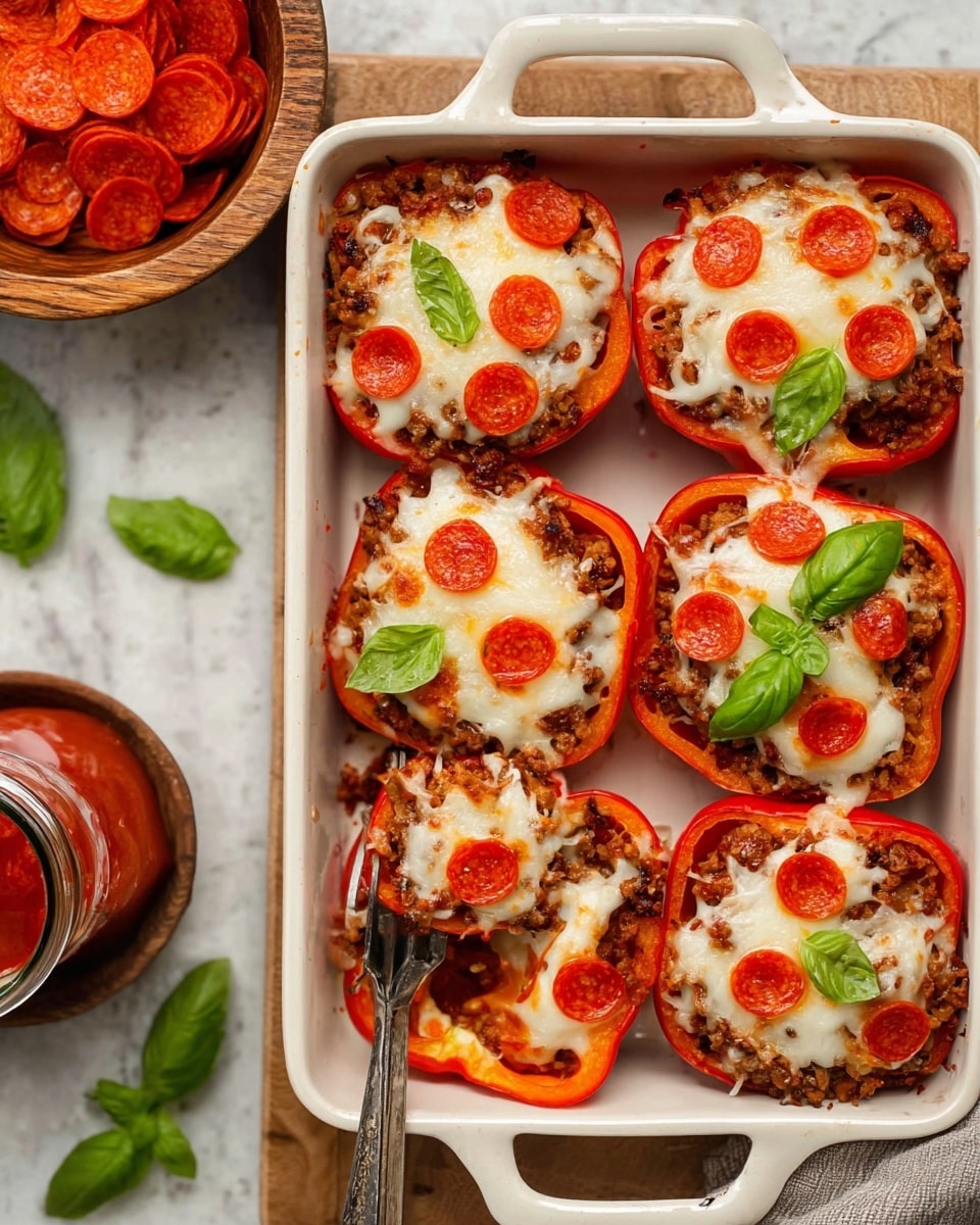 This image shows six red bell peppers cut in half and filled with layers, placed closely in a white baking dish. Each pepper half has a base layer of cooked ground meat mixed with sauce, rich brown in color and textured. Above the meat is a melted cheese layer that is light yellow with slightly golden spots. Scattered on top are small, round red pepperoni slices. Fresh green basil leaves are placed on top of each pepper half for color contrast. A silver fork is lifting some of the meat filling from one pepper half. The white baking dish rests on a white marbled surface. photo taken with an iphone --ar 4:5 --v 7
