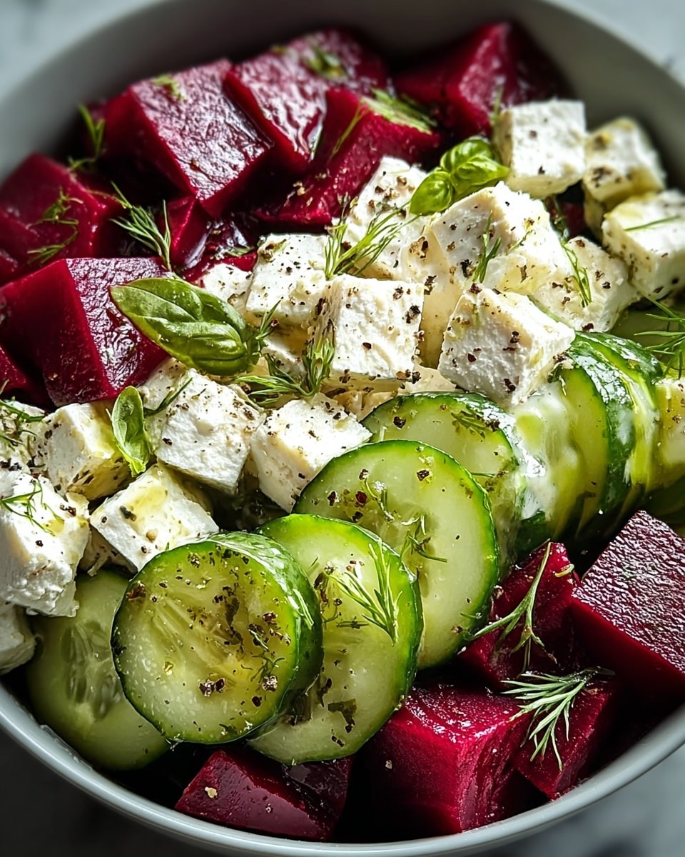 A close-up view of a fresh salad in a white bowl, featuring three main layers: the bottom layer is made of round, green cucumber slices with a slightly shiny, moist texture; the middle layer consists of deep red, glossy beet chunks cut into cubes; the top layer shows white feta cheese cubes with a crumbly texture, drizzled with olive oil and sprinkled with black pepper, garnished with small green basil leaves and delicate dill sprigs scattered evenly throughout the salad. The salad looks vibrant and fresh against the white marbled texture background. photo taken with an iphone --ar 4:5 --v 7