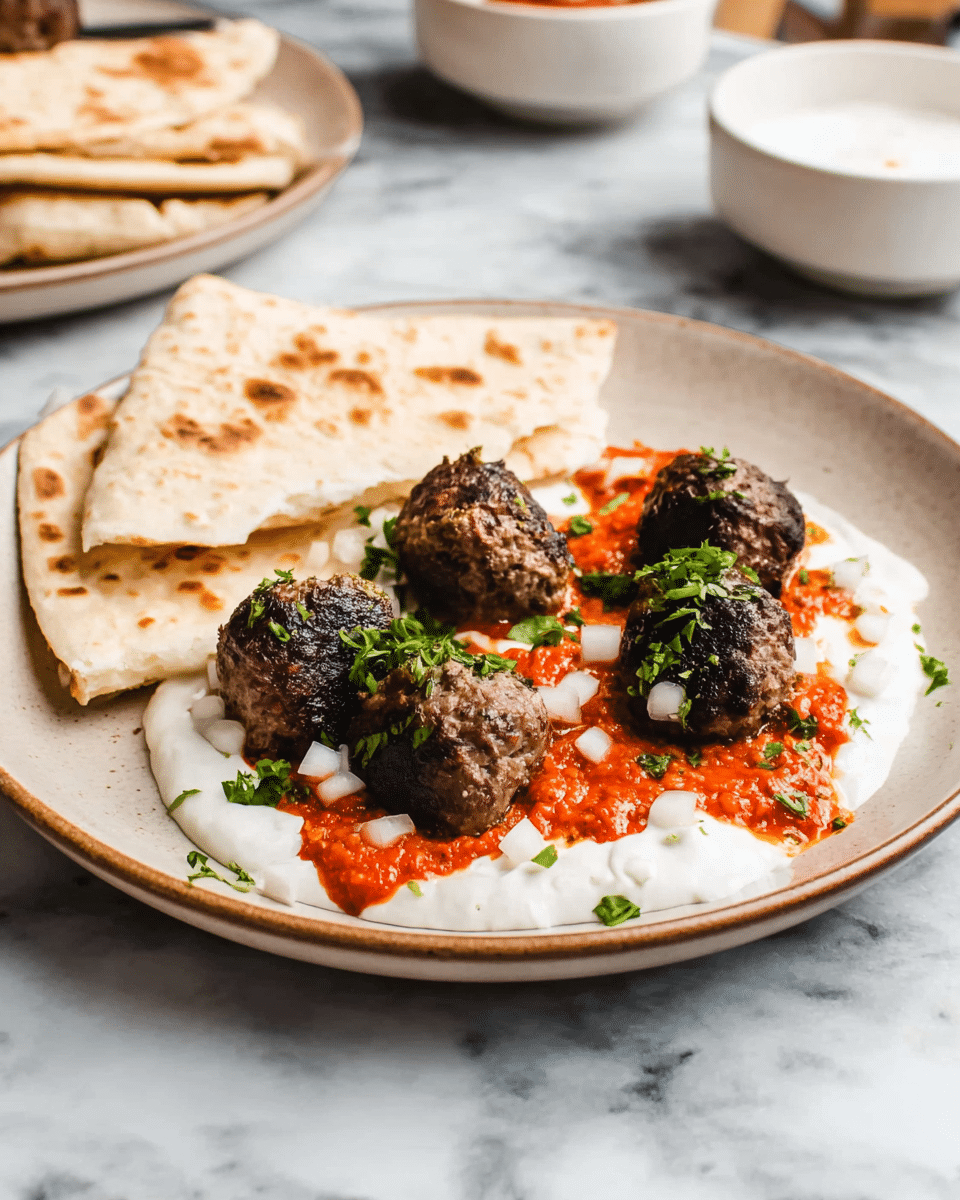 A round white plate holds a dish with three folded pieces of flatbread positioned on the left side, showing a soft texture with light golden brown spots. On the right, there are seven dark brown meatballs arranged close together, some partially covered with a layer of white creamy sauce. Over the creamy sauce, there are uneven dollops of bright red sauce spread on top, garnished with small chopped green herbs. Around the meatballs, scattered small white diced onions add texture. The plate rests on a white marbled surface, with parts of another plate and two white bowls visible blurred in the background. Photo taken with an iphone --ar 4:5 --v 7