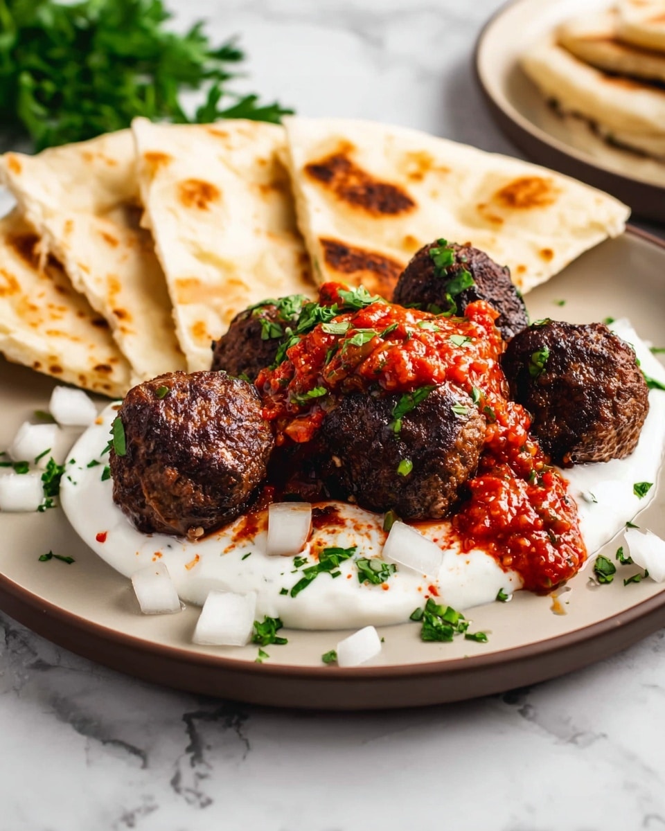 The dish shows a white plate with three folded pieces of flatbread at the back, golden with lightly browned spots and soft texture. In front of the bread are six dark brown, crispy meatballs clustered together. On top of the meatballs is a dollop of thick white sauce with a smooth texture, partly covered by a bright red chunky sauce with green herb bits sprinkled over. Around the meatballs are scattered small white diced onions. The plate sits on a white marbled surface, with some green parsley visible to the side. Photo taken with an iphone --ar 4:5 --v 7