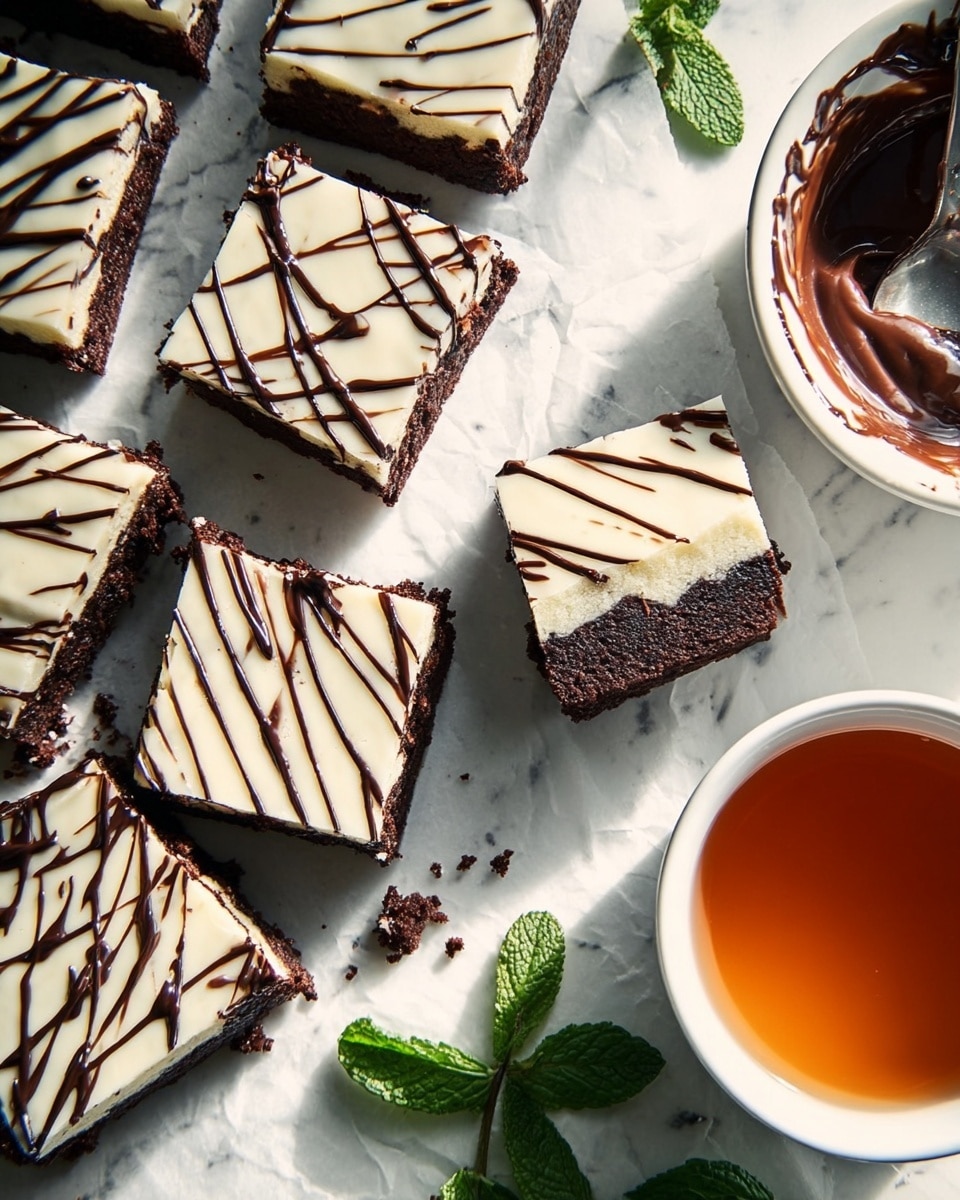 The image shows several square brownies with two clearly visible layers: a thick, dark chocolate base and a smooth, white cream top layer. The white layer is decorated with thin dark chocolate drizzle in a random crisscross pattern. Some brownies are whole while others are cut in half to show the inside. The brownies are on a white marbled surface with a small bunch of fresh green mint leaves nearby. To the side is a white bowl filled with dark chocolate sauce, with a spoon covered in chocolate resting inside. Next to it is a white cup filled with an orange-brown beverage, possibly tea or coffee. The scene is bright with soft daylight shadows. Photo taken with an iphone --ar 4:5 --v 7