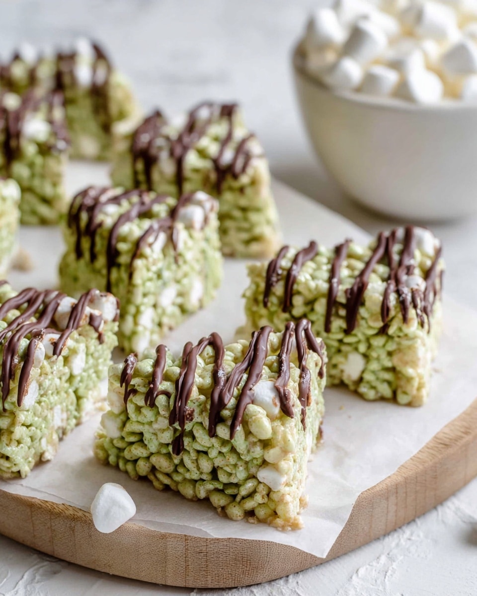 The image shows several triangular treats made from a light green crispy rice mixture with small white marshmallows mixed in, arranged closely on white parchment paper on a wooden board. Each piece is topped with thin, dark chocolate drizzles that cover the surface with an irregular pattern. The green color of the treats is pale and pastel-like, while the marshmallows add small, soft, rounded white spots. In the background, a white bowl filled with more white marshmallows is partially visible on a white marbled surface. photo taken with an iphone --ar 4:5 --v 7