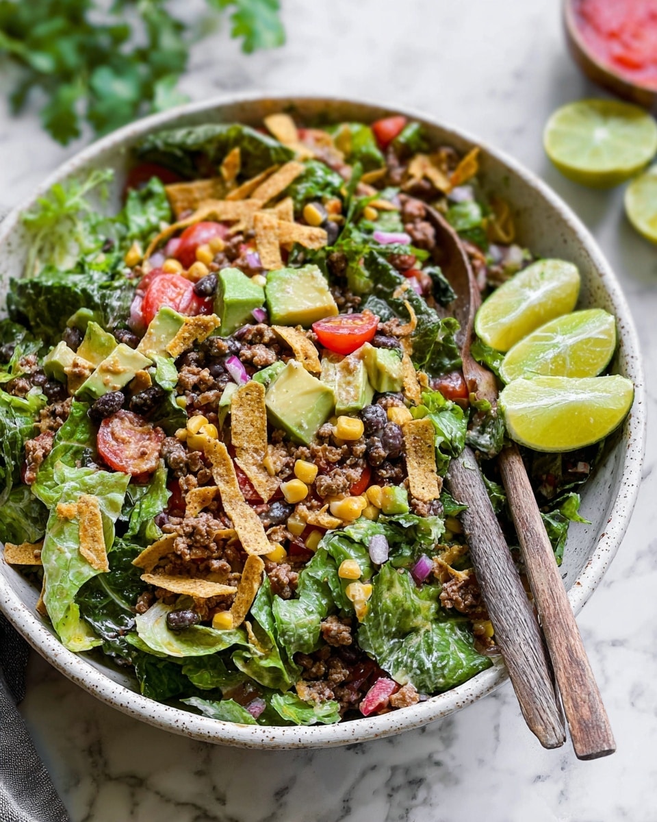 A white speckled bowl holds a colorful taco salad with seven clear layers arranged in sections. Starting from the top left, there is a layer of dark brown cooked ground beef, next to it bright yellow corn kernels. To the right, shiny black beans fill the section. In the center sits a small pile of light golden crispy tortilla strips. Below them, fresh red diced tomatoes rest beside a layer of chopped purple and white onions. At the bottom left, there are small green avocado cubes mixed with fresh green cilantro leaves. All ingredients sit on a bed of dark green leafy lettuce, and the bowl is placed on a white marbled surface. Photo taken with an iphone --ar 4:5 --v 7