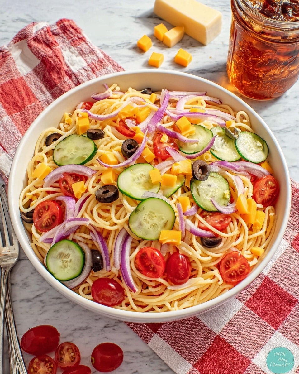A white bowl filled with a vibrant pasta salad consisting of three main layers: the bottom layer of pale yellow spaghetti noodles, the middle layer of thin, curved slices of green cucumber and halved red cherry tomatoes, and the top layer of thin, purple red onion strips, small black olive slices, and small orange cheese cubes scattered evenly. The bowl is set on a white marbled textured surface with a red and white checkered cloth nearby, some cheese cubes and cherry tomatoes spilled beside it, and a glass jar filled with iced tea in the background. photo taken with an iphone --ar 4:5 --v 7