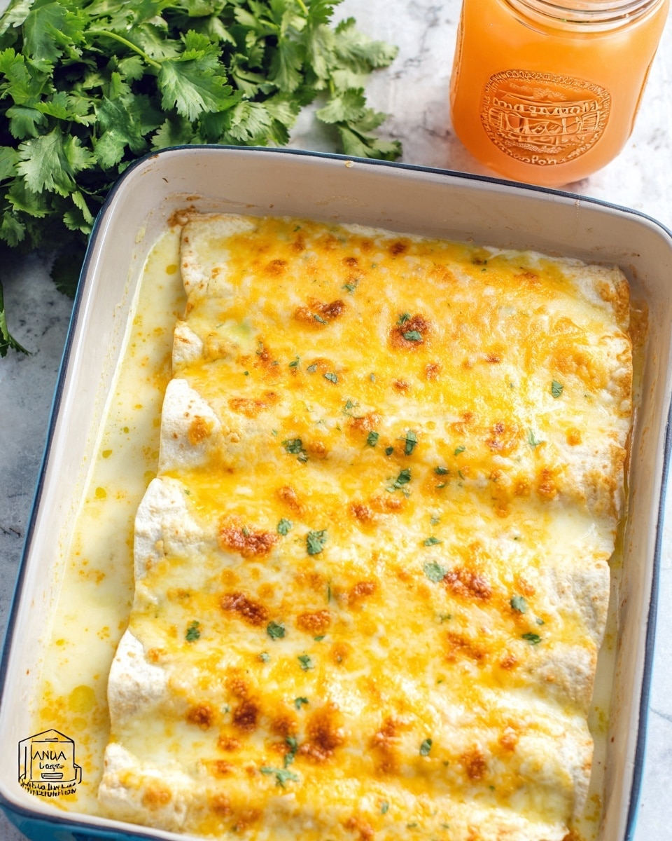 The image shows a rectangular white baking pan filled with four large rolled enchiladas covered in a creamy, melted cheese sauce that is golden and bubbly on top. The enchiladas are tightly placed side by side, soaked in creamy sauce with small pools of liquid around the edges. The melted cheese layer on top has a bright yellow and white color mix, creating a rich and gooey texture with small browned spots. In the background, there is a bunch of fresh green cilantro on the left and an orange drink in a clear mason jar with embossed writing on a white marbled surface. Photo taken with an iphone --ar 4:5 --v 7