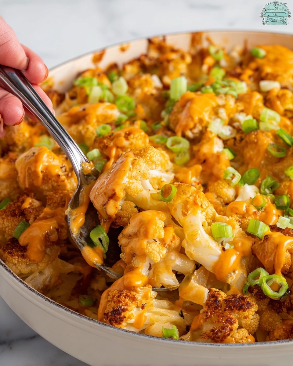 A close-up view of a white pan filled with a layered cheesy dish, featuring a base of golden-brown roasted cauliflower pieces mixed with melted cheddar cheese creating an orange and creamy texture. The dish is topped with a drizzling of light orange spicy sauce and garnished with chopped bright green scallions scattered on top. A woman's hand holding a silver spoon scoops a portion from the pan, showing a mix of the baked cauliflower, melted cheese, and sauce all blended together. The white pan sits against a white marbled background, highlighting the warm, rich colors of the dish. photo taken with an iphone --ar 4:5 --v 7