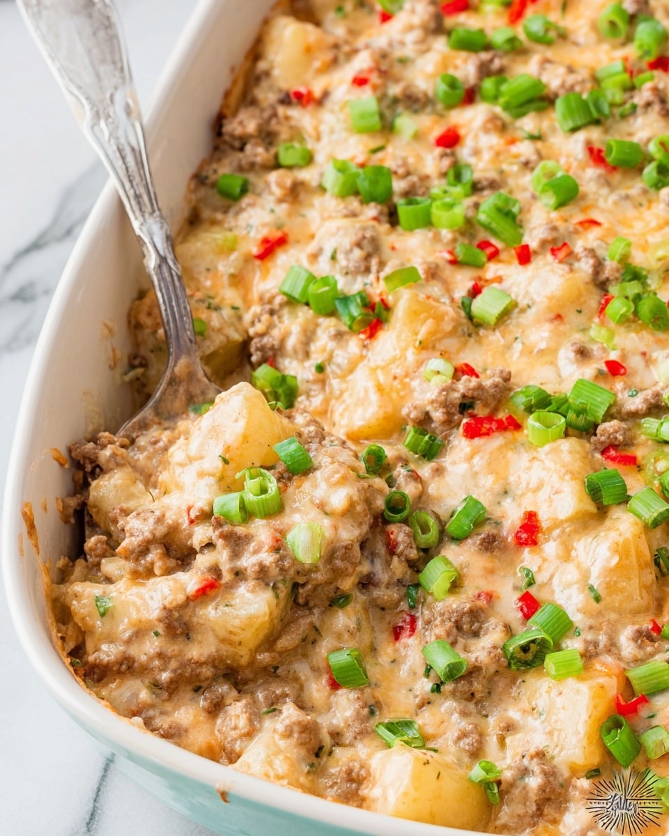 A close-up of a creamy baked dish in a white ceramic baking dish filled with a mix of browned ground meat and small pale yellow potato cubes coated in a thick, light beige sauce; finely chopped green onions are sprinkled evenly on top, giving bright green pops of color across the surface; bits of red pepper and finely diced onions are visible throughout, adding texture and color contrast; a silver spoon scoops a portion from the dish, showing the thick, hearty texture of the mix; the whole dish sits on a white marbled surface. photo taken with an iphone --ar 4:5 --v 7