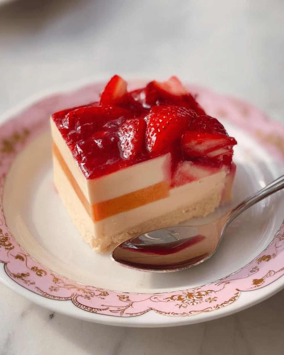 A white round plate with delicate pink and gold patterns holds a square slice of layered dessert with three clear layers: the top and bottom layers are creamy light beige, and the middle layer is a bright orange. On one side of the dessert, there is a shiny red strawberry topping with visible pieces of strawberries and a slightly glossy texture. A silver spoon sits beside the dessert on the plate, and the background is a white marbled surface. photo taken with an iphone --ar 4:5 --v 7