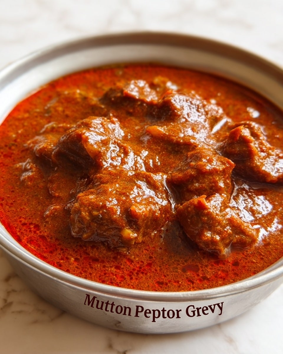 The image shows a white metal bowl filled with thick mutton pepper gravy that has a rich reddish-brown color with visible chunks of meat submerged in the sauce. The gravy appears smooth with some oil shining on the surface, and the bowl is placed on a white marbled textured surface. The thick sauce covers the pieces of mutton evenly, giving a hearty, spicy look. photo taken with an iphone --ar 4:5 --v 7