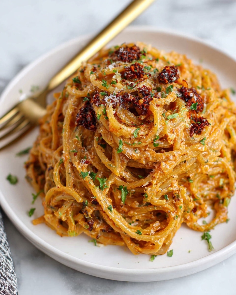 A round white plate sits on a white marbled surface, holding a thick mound of spaghetti coated in a creamy orange sauce with flecks of herbs mixed in. The spaghetti is layered and twisted into a loose pile, with dollops of dark red chili paste scattered on top, adding texture and color contrast. Light sprinkles of grated Parmesan cheese and small pieces of green parsley are evenly distributed across the pasta, adding to the visual texture. To the left of the pasta, a gold-colored fork rests on the plate edge. The whole scene looks warm and inviting. photo taken with an iphone --ar 4:5 --v 7