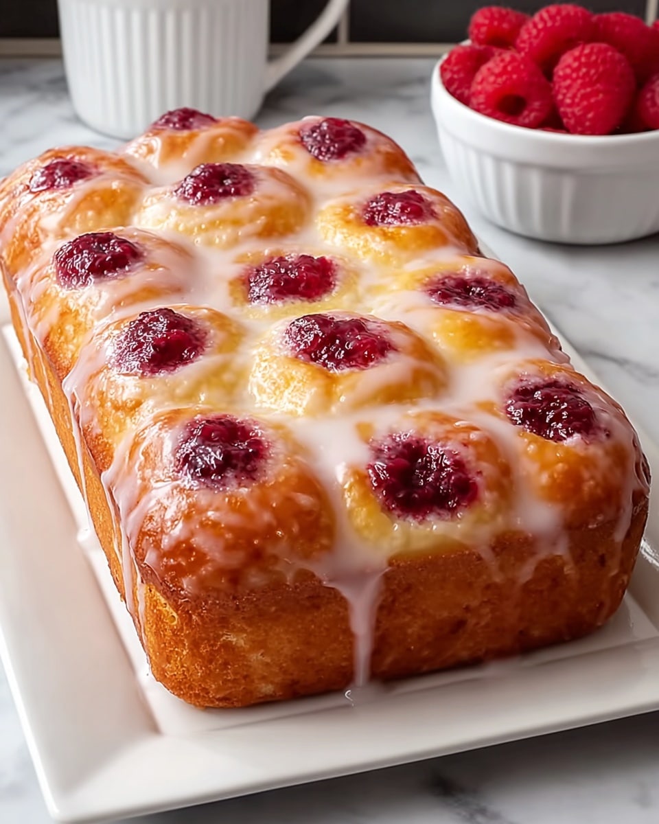 A golden-brown baked pastry with a soft, slightly puffy texture forms a rectangular shape with visible rounded bumps across the top surface. Each bump holds a small, deep red raspberry jam filling that peeks out richly. The entire top is covered with a shiny, translucent white glaze that drips down the sides slightly, giving a sugary, glossy look. The pastry sits on a clean white square plate, placed on a white marbled surface. To the back right, a white bowl filled with fresh bright red raspberries adds a pop of color. Photo taken with an iphone --ar 4:5 --v 7