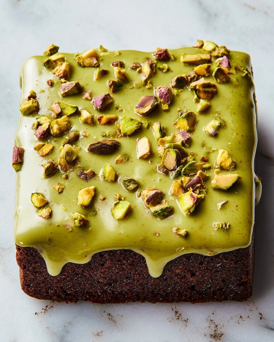 A square brownie with one thick dark brown base layer is topped by a smooth, thick green glaze that covers the whole top and drips slightly over the edges. Scattered unevenly on the green glaze are small pieces of mixed pistachio nuts, adding a textured and colorful detail with shades of green and brown. The dessert sits on a white marbled background. photo taken with an iphone --ar 4:5 --v 7