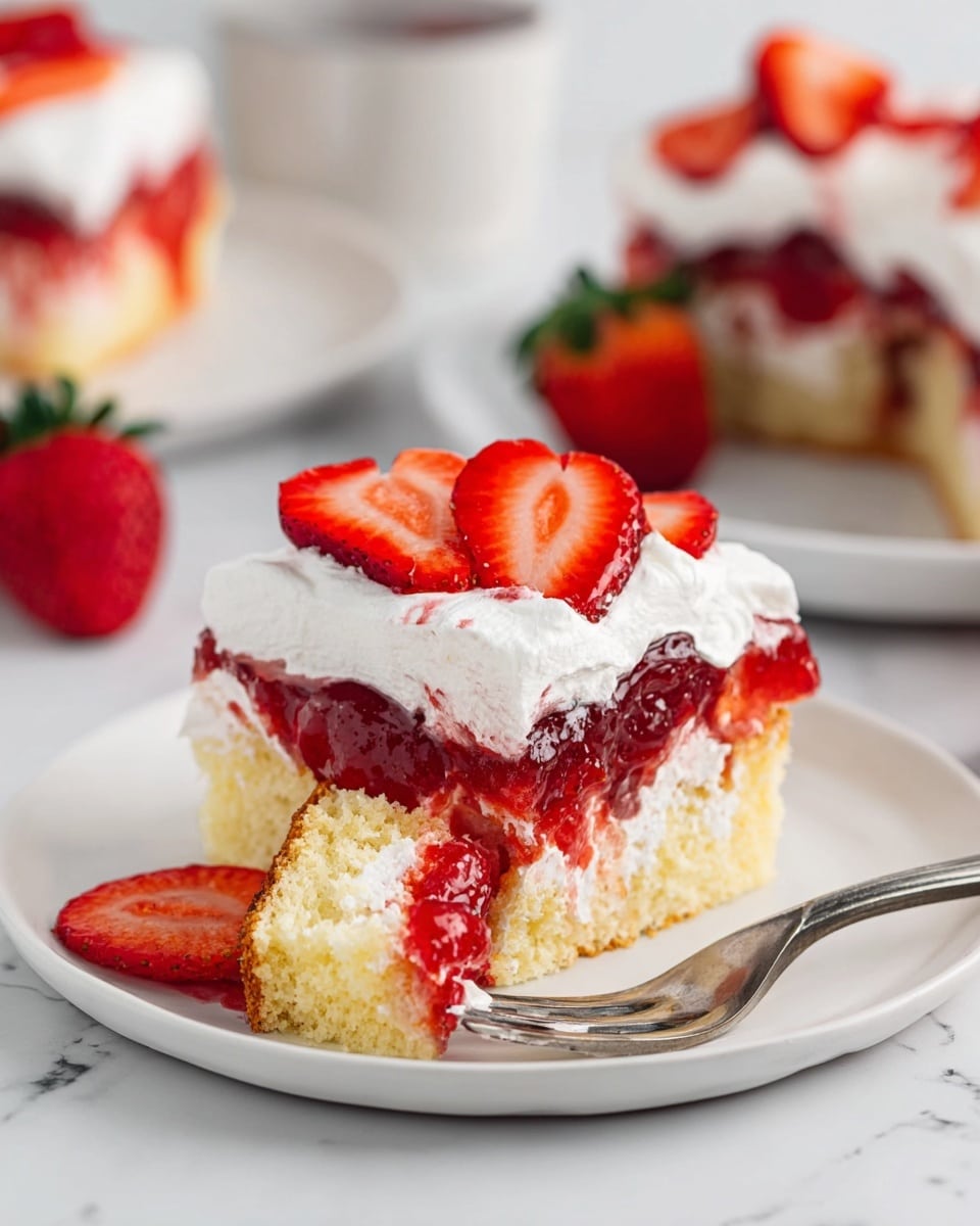 A piece of layered strawberry shortcake sits on a white plate, placed on a white marbled surface. The bottom layer is a light, fluffy yellow cake. The middle layer is a thick, glossy red strawberry jam that looks juicy and slightly oozing down the cake. The top layer has a generous spread of white whipped cream, smooth and soft. On top of the whipped cream are fresh strawberry slices arranged neatly, bright red with visible seeds and a juicy texture. A fork on the plate holds a bite-sized piece of the cake showing all the layers clearly. In the background, more pieces of the same cake on white plates and whole and halved fresh strawberries are blurred. Photo taken with an iphone --ar 4:5 --v 7