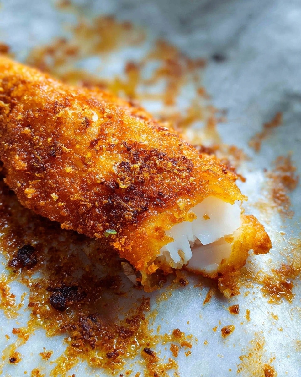 A close-up of a single piece of golden crispy fried fish with a rich orange-brown crust that is slightly uneven and crunchy, showing a glimpse of white flaky fish inside. The fish lays on a white marbled surface with bits of fried seasoning and oil stains surrounding it, creating a textured and rustic look. photo taken with an iphone --ar 4:5 --v 7