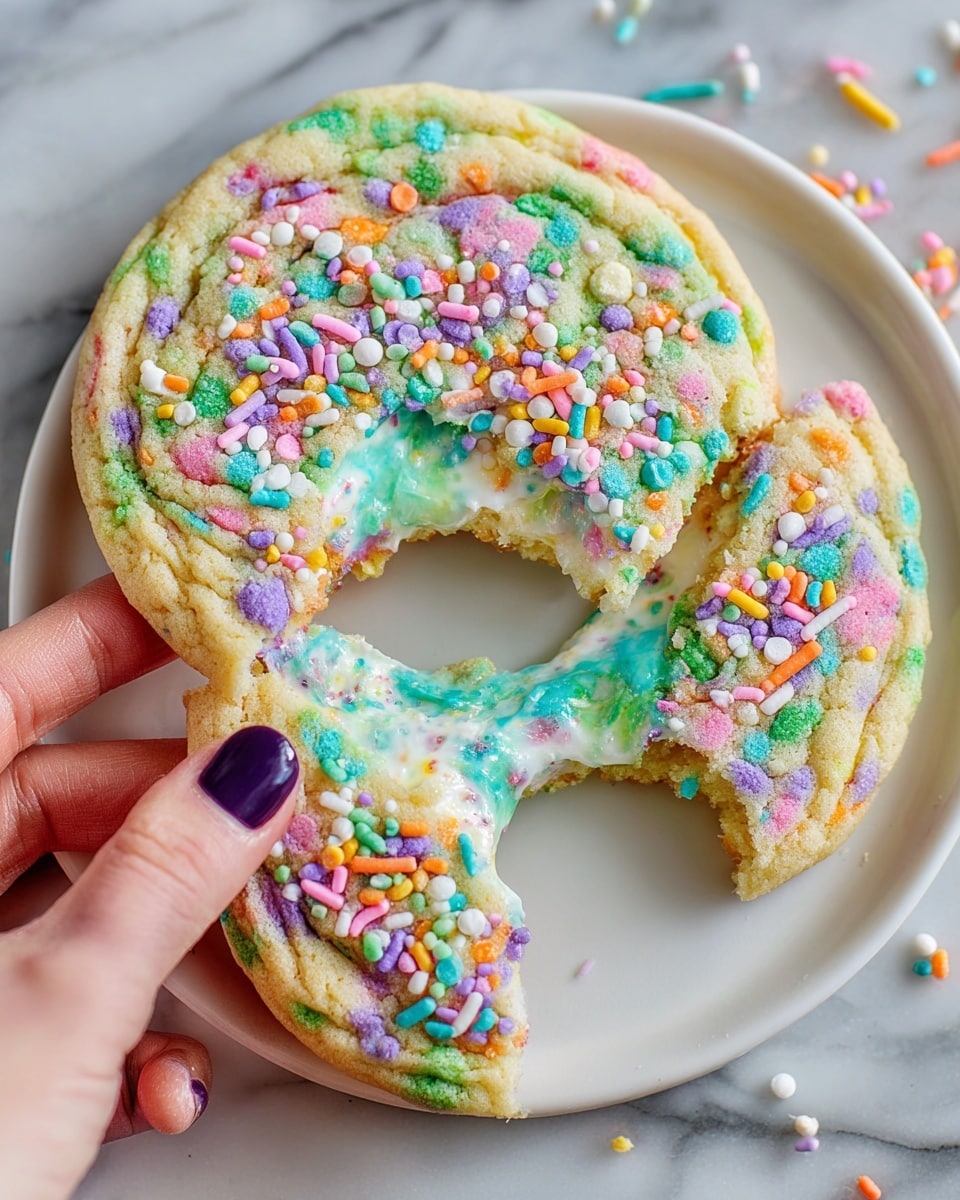 A large round cookie with a soft, slightly crumbly texture, covered in colorful round and rod-shaped sprinkles in pastel shades like pink, purple, green, orange, and blue. The cookie is broken into three parts showing gooey, stretchy blue and white melted filling inside. A woman's hand with dark purple nail polish holds one piece of the cookie on the right side. The cookie rests on a white plate placed on a white marbled surface. Photo taken with an iphone --ar 4:5 --v 7