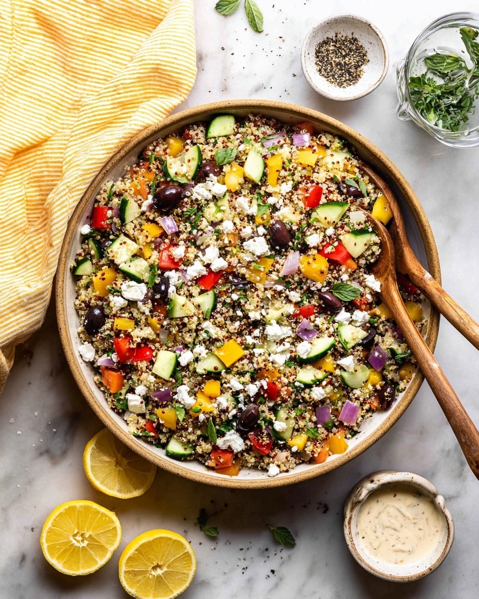 The image shows a large round bowl filled with a colorful quinoa salad layered with chopped green cucumber pieces, bright red and yellow bell pepper chunks, dark purple olive slices, and sprinkled white crumbled feta cheese on top. The salad is mixed with small quinoa grains that add texture, and some green herb leaves are scattered across the top. Two wooden spoons rest in the bowl, one on the left side and the other on the right. Around the bowl are two lemon halves at the bottom, a small white bowl with black pepper, a tiny white bowl with a creamy dressing, and a small clear glass with green herbs on a white marbled surface. A yellow and white striped cloth is located in the top left corner. Photo taken with an iphone --ar 4:5 --v 7